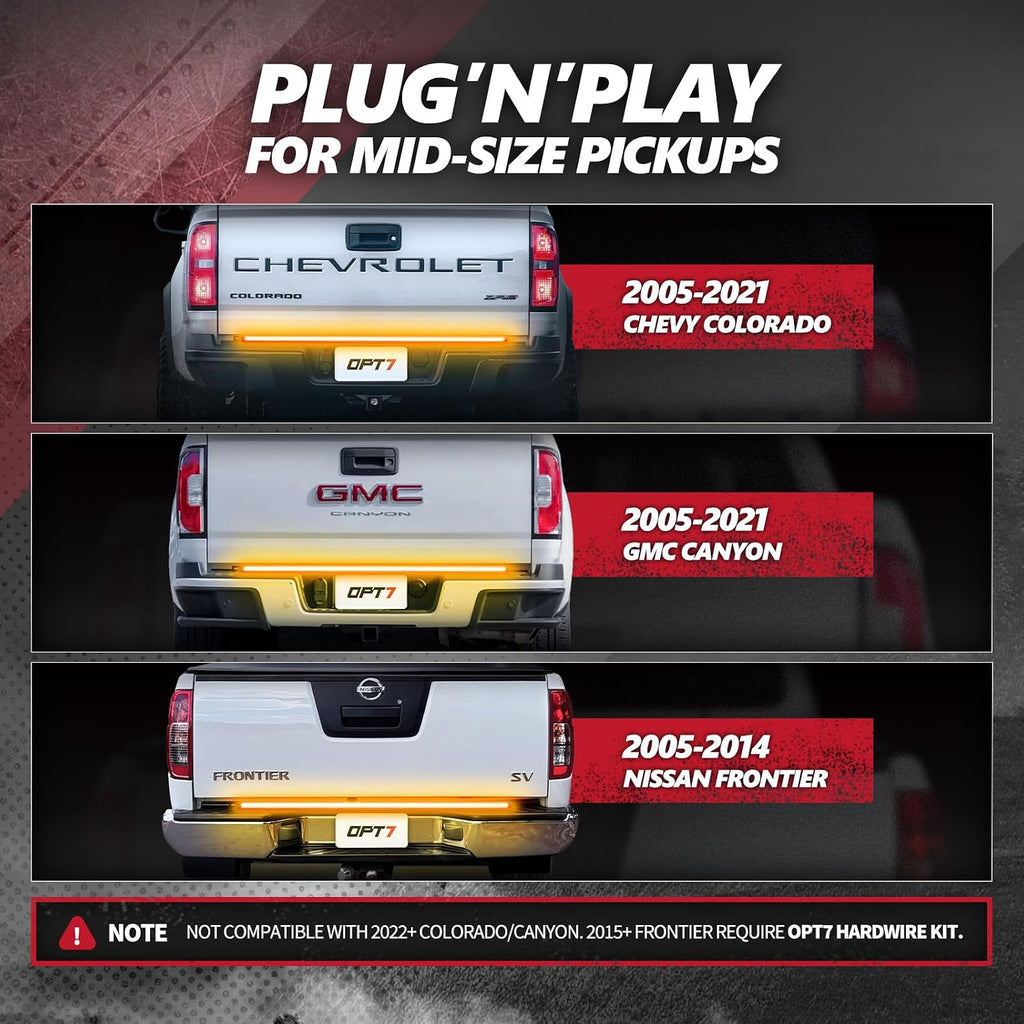 OPT7 Plug'n'Play Bundle for 2021-2023 F150 w/OE Halogen Taillights and Blind Spot Monitor – 48' Redline Triple Row LED Tailgate Light Bar w/Sequential Amber Turn + Easy Connect Harness