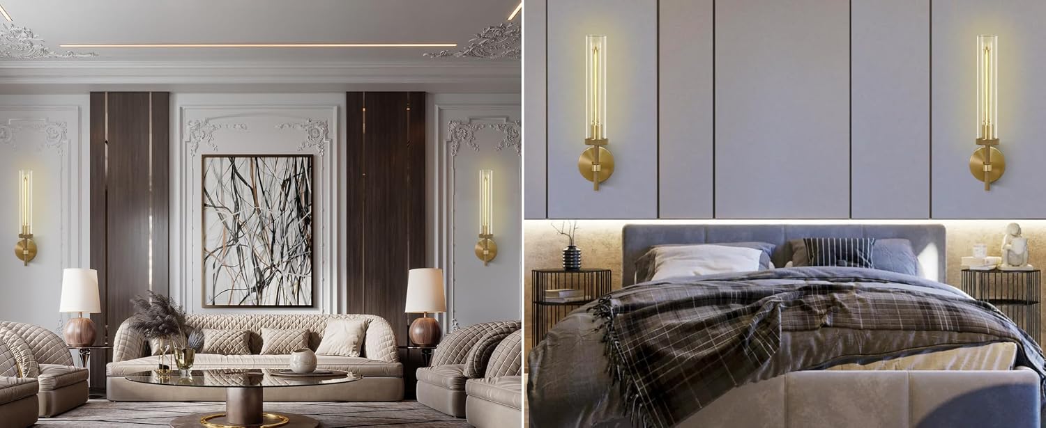 Brass Sconces Wall Lighting, 19' Tube Glass Gold Sconces, Bathroom Wall Sconces Lighting Vanity Lights Wall Lights for Living Room, Hallway, Fireplace, Staircase