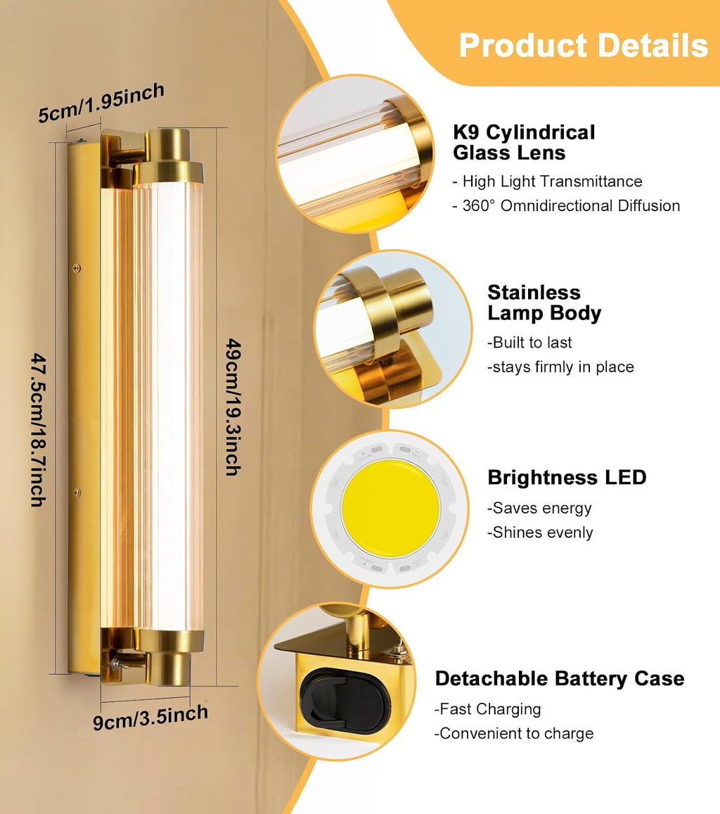 Battery Operated Wall Sconce Wall Decor Set of 2, Gold Rechargeable Wall Sconces 15000mAh Detachable Battery Wall Light Modern No Hardwiring Portable Lighting for Wall Painting, Bedroom, Hallway