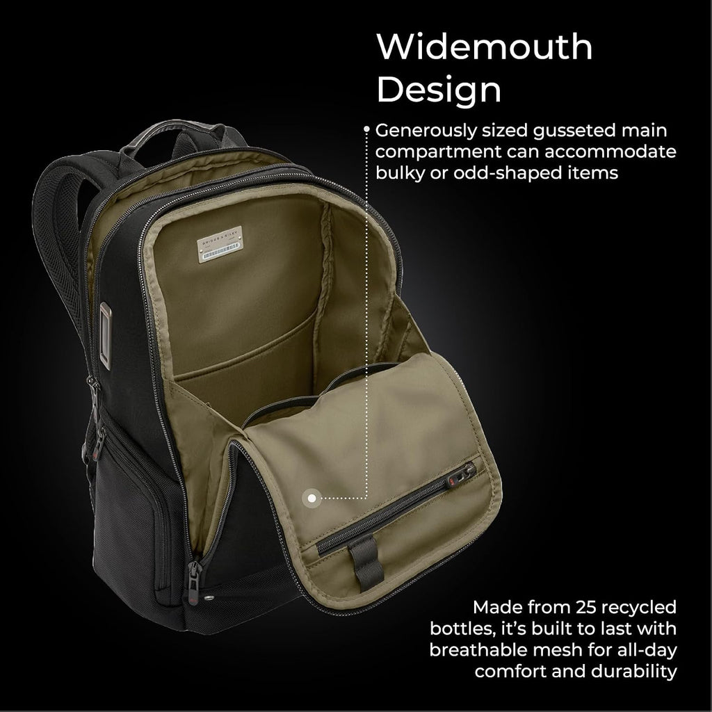 Briggs & Riley Medium Widemouth Backpack - Carry On Travel Backpack for Women & Men, Personal Item Bag, Self-Repairing Zippers, Padded Straps, Fits up to 15.6' Laptop - HTA Collection, Black