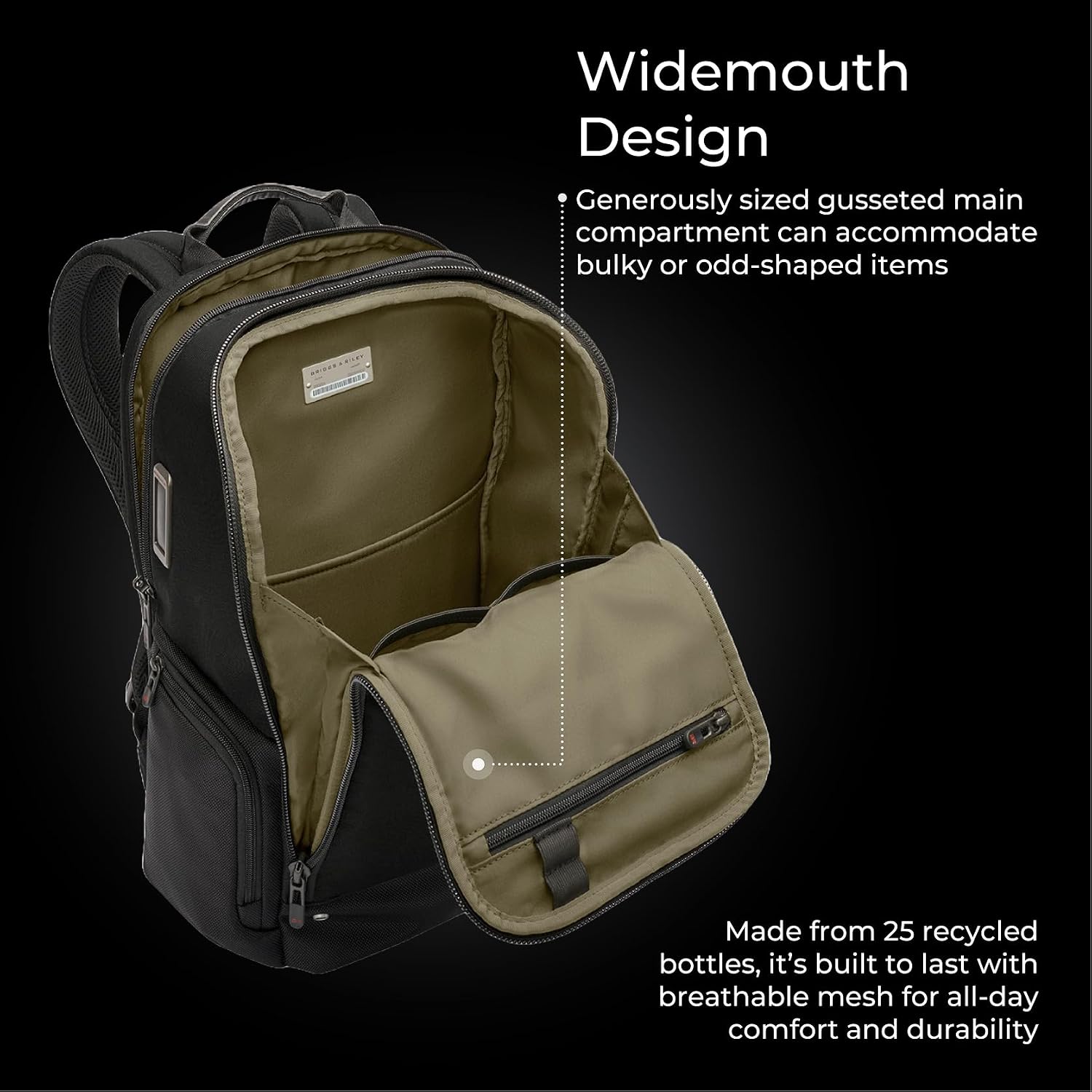 Briggs & Riley Medium Widemouth Backpack - Carry On Travel Backpack for Women & Men, Personal Item Bag, Self-Repairing Zippers, Padded Straps, Fits up to 15.6' Laptop - HTA Collection, Black