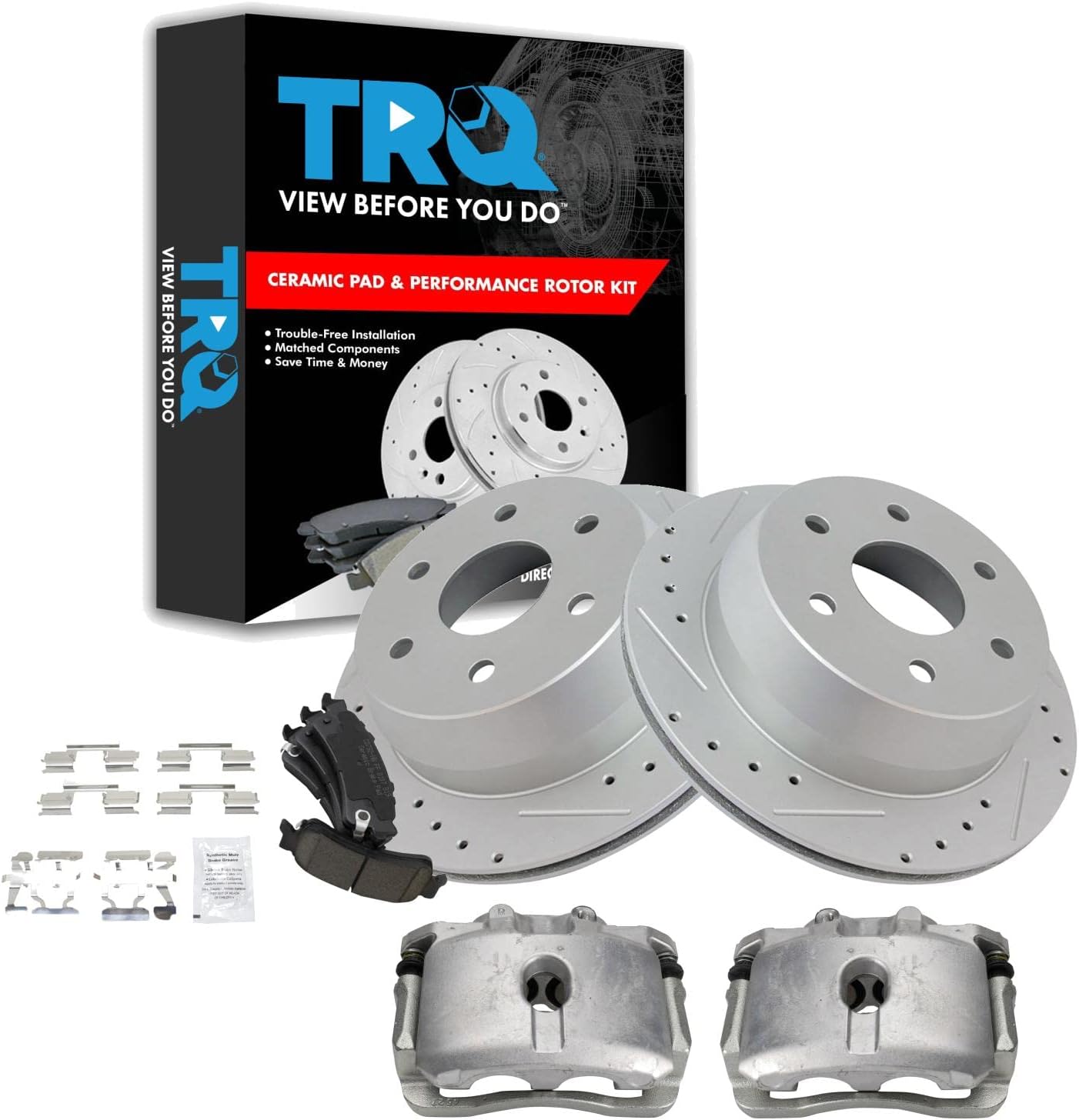 TRQ Performance Rear Brake Pad and Rotor Set Ceramic Vented Coated Rotors Calipers Compatible with 2005 Chevrolet Silverado 1500