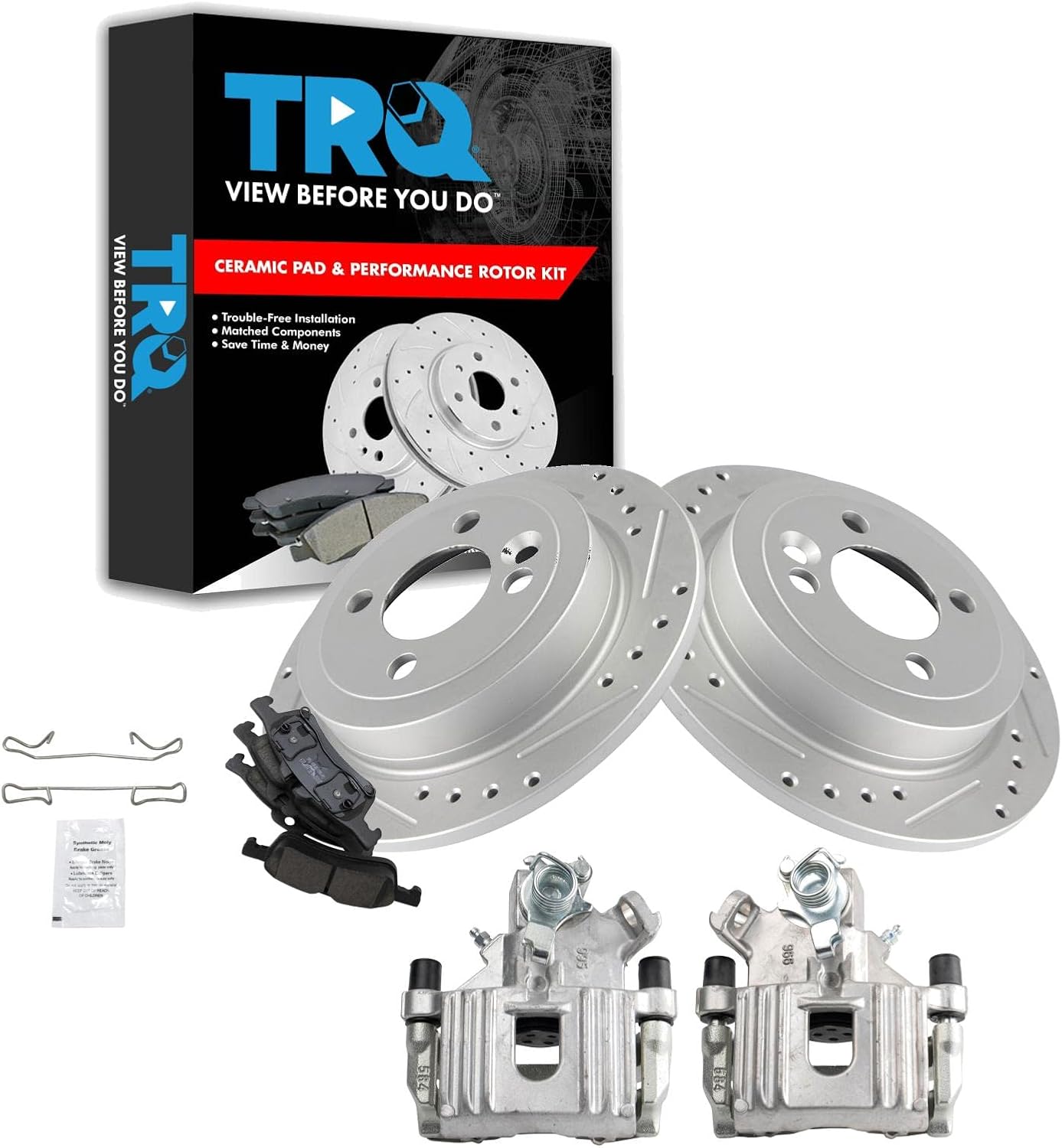 TRQ Performance Rear Brake Pad and Rotor Set Ceramic Solid Rotors Calipers Compatible with 2007-2008 Mini Cooper
