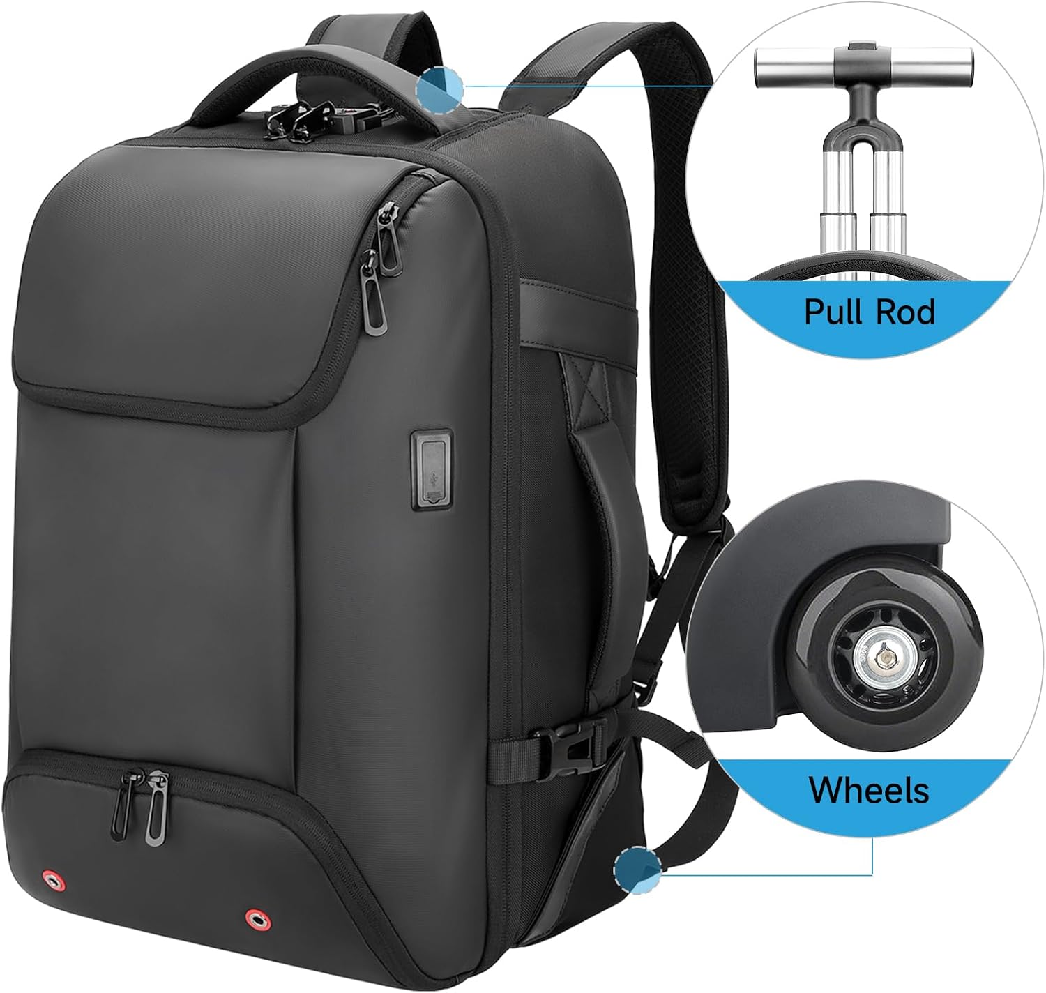 Carry On Backpack,17.3' Travel Backpack with Shoe Compartment,50L Wheeled Backpack Carry On Luggage,Laptop Compartment & USB Charging Port & TSA Approved Lock for Business,Black
