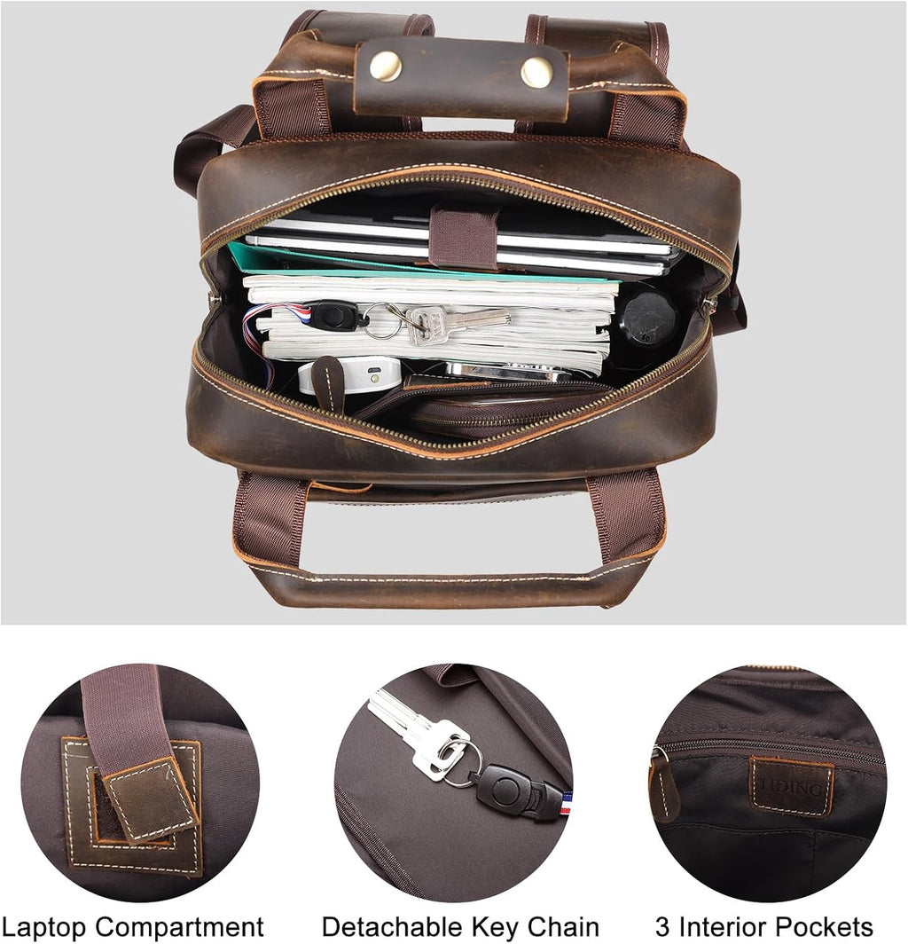 TIDING Vintage Full Grain Leather 17 Inch Laptop Backpack for Men Large Business Travel Daypack Computer Rucksack, Brown