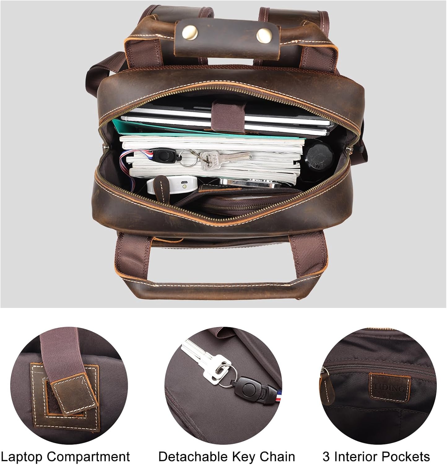TIDING Vintage Full Grain Leather 17 Inch Laptop Backpack for Men Large Business Travel Daypack Computer Rucksack, Brown