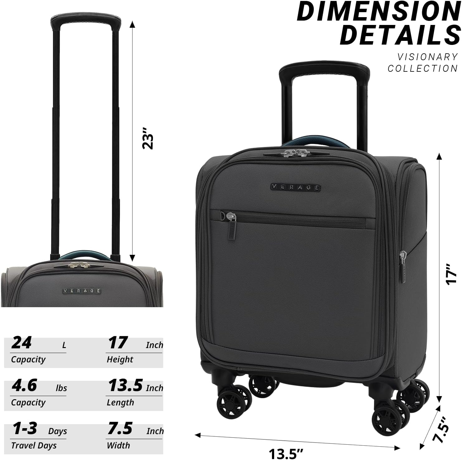 Verage Under Seat Luggage with Wheels, Softside Small Suitcase Spinner Carry On Luggage Bags for Airlines Airplanes Short Trip Men Women (Grey, 14-Inch Underseat)