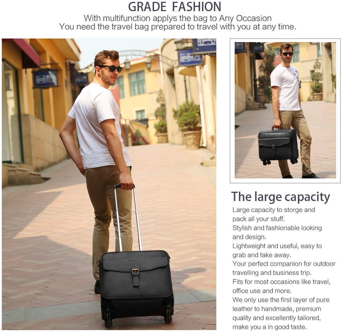 Leathario Leather Rolling Laptop Case Wheeled Briefcase Suitcase Roller Boarding