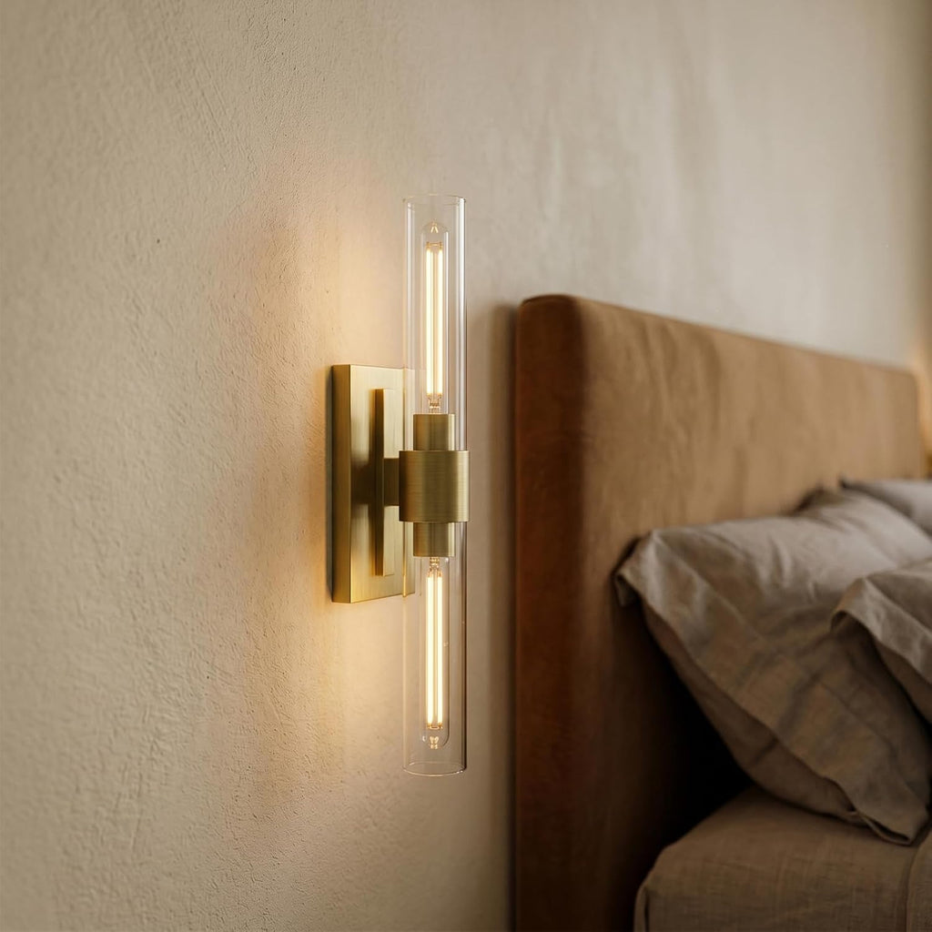 22.8' Brass Wall Sconces Set of 2, Modern Luxury 2-Light Bathroom Vanity Lights with Glass Tube Shade, Dimmable Hardwired Gold Wall Sconce for Bathroom Mirror, Living Room, Hallway (Bulbs Included)