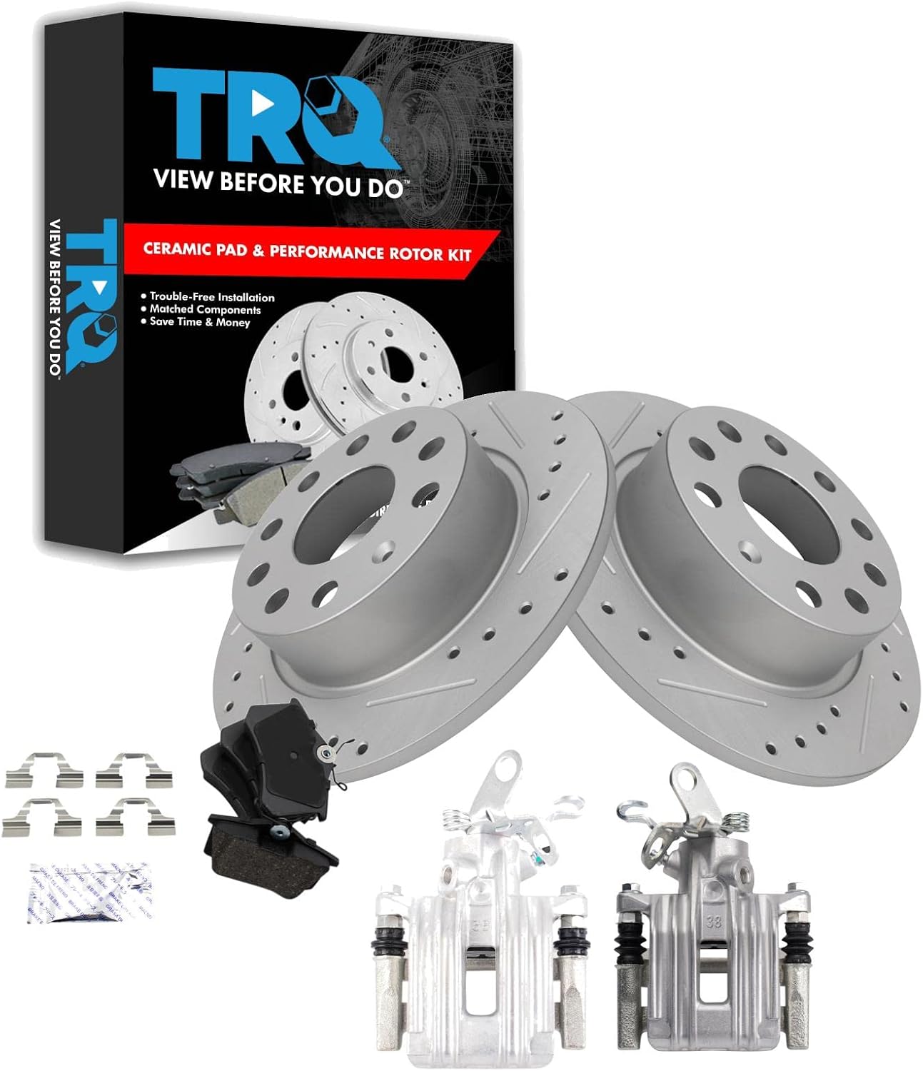 TRQ Performance Rear Brake Pad and Rotor Set Ceramic Solid Rotors Calipers Compatible with 2010-2013 Audi A3