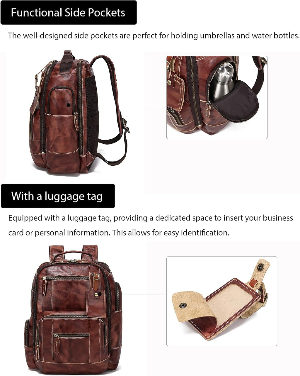 LANNSYNE Full Grain Leather Backpack For Men, Fits 16' Laptop, Coffee