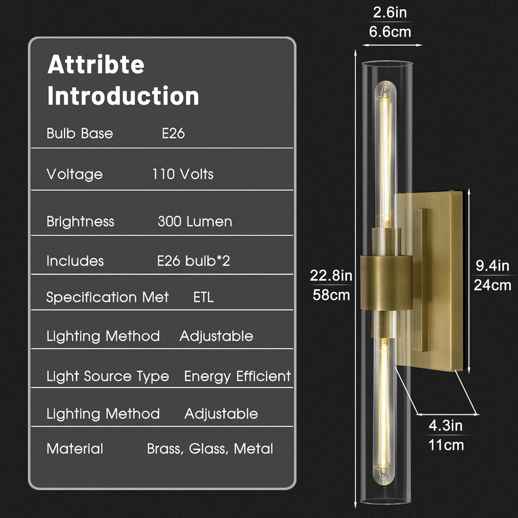 Brass Bathroom Vanity Light, 2-Light Bathroom Wall Sconce Over Mirror, 22.8' Gold Vanity Light for Bathroom, Dimmable Vanity Sconce with Glass Tube, Bathroom Linear Sconce Vertical & Horizontal, 1 PC