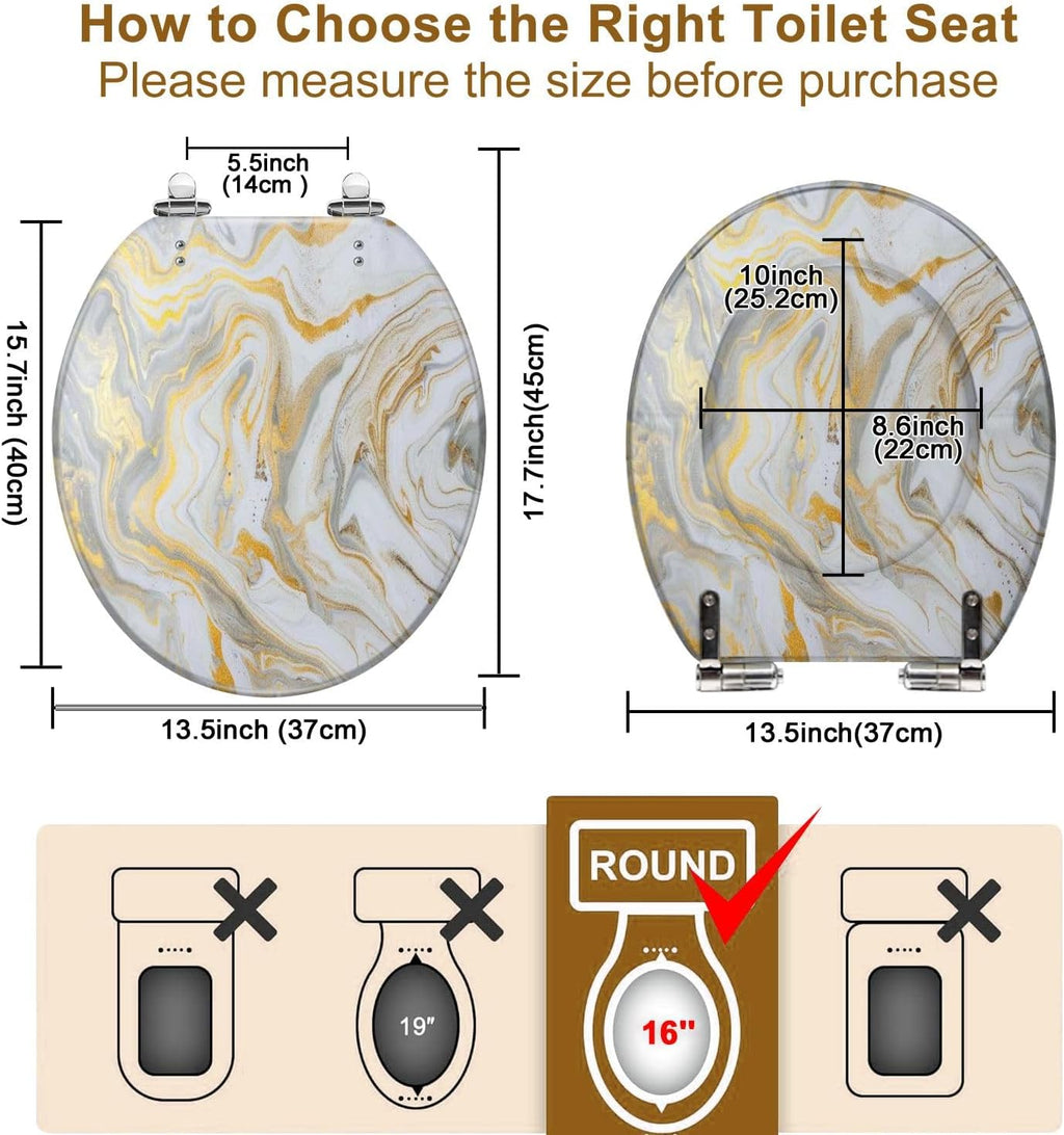 Round Toilet Seat marble ink paper texture white silver gold Resin Toilet Seat Quietly Close Quick Release Hinges Decorative Toilet Seat with Cover Easy to Install, Style 2
