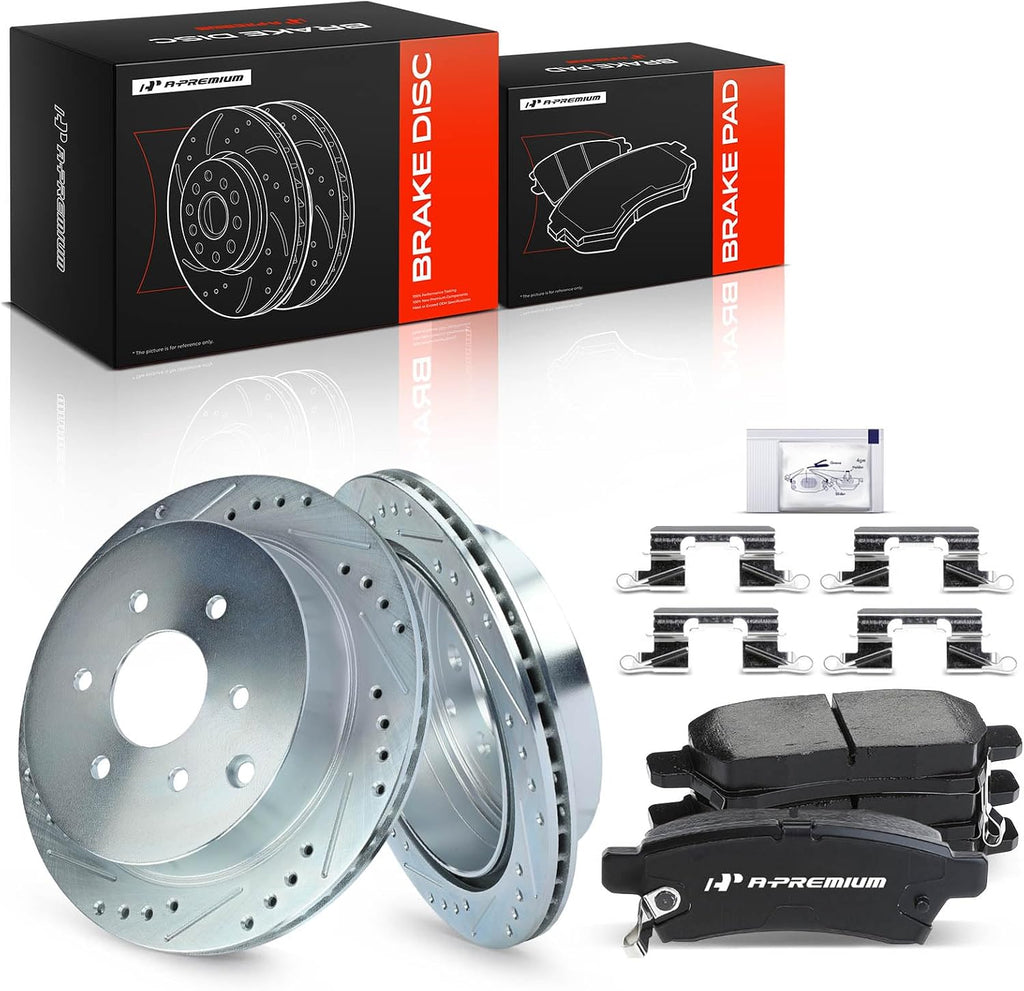A-Premium 11.24 inch (285.5mm) Rear Drilled and Slotted Disc Brake Rotors + Ceramic Pads Kit Compatible with Select Nissan and Suzuki Models - Frontier 2005-2019, Xterra 2005-2015, Equator 2009-2012