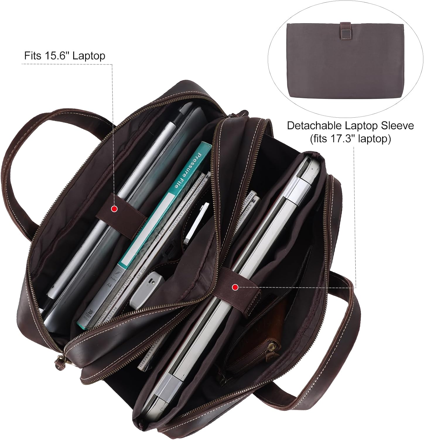 TIDING Leather Business Travel Briefcase for Men, Large 15.6' 17.3' Laptop Crossbody Shoulder Messenger Bag Office Handbag