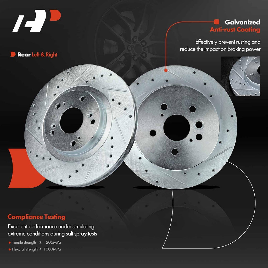 A-Premium 11.92 inch (303mm) Rear Drilled and Slotted Disc Brake Rotors + Ceramic Pads Kit Compatible with Select Toyota Models - RAV4 2004-2005, L4 2.4L, 6-PC Set