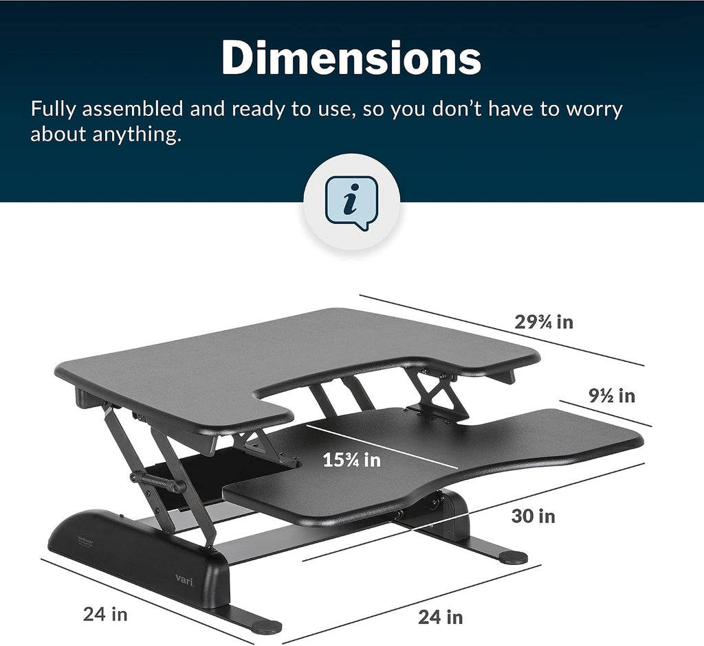 Vari VariDesk Pro Plus 30 Height Adjustable Standing Desk Converter for Home Office - Sit to Stand Desk with 11 Height Settings, Spring-Assisted Lift, and Weighted Base - Fully Assembled, Black