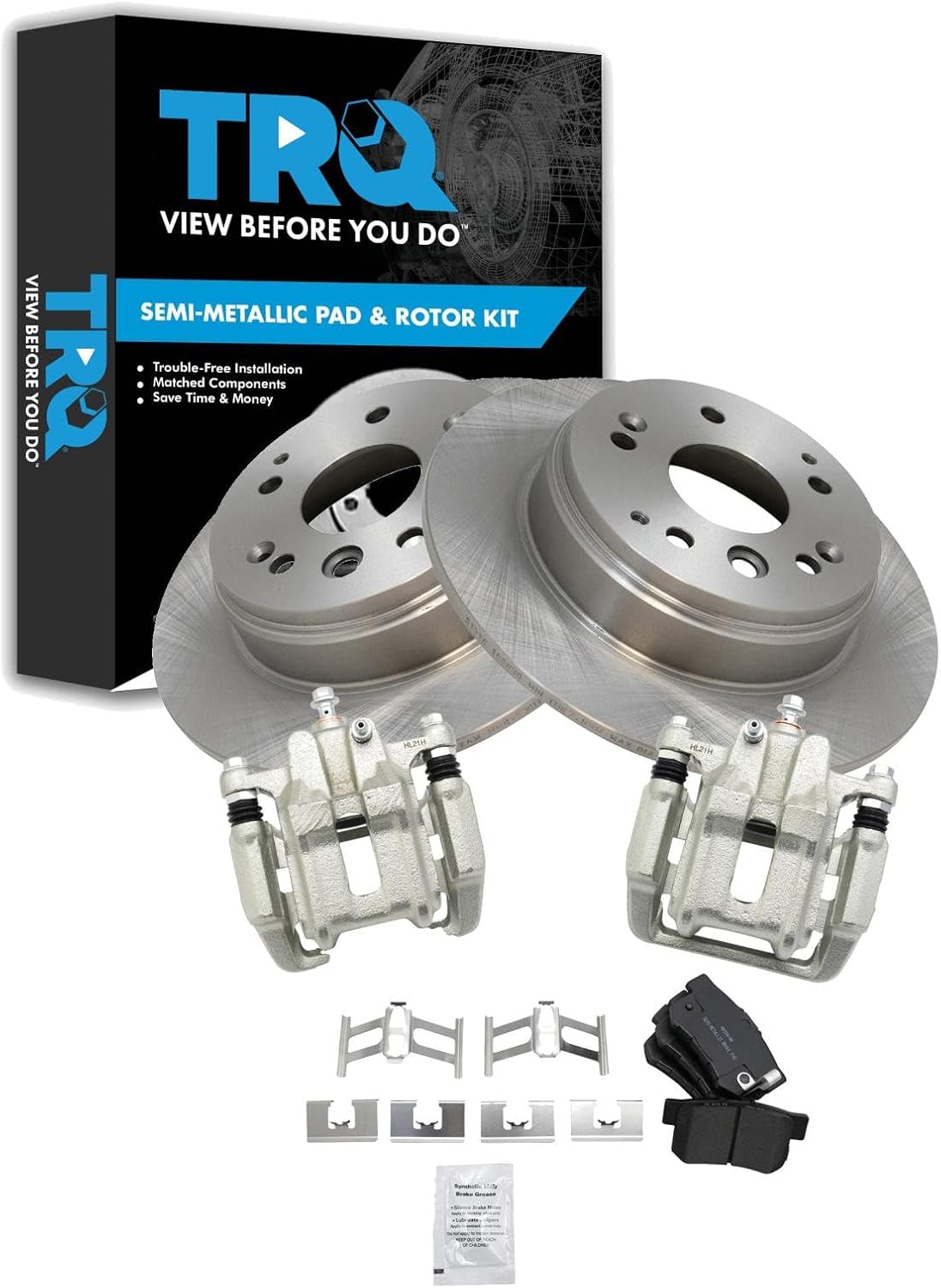 TRQ Rear Brake Pad and Rotor Set Semi Metallic Solid Rotors Calipers Compatible with 2007-2008 Acura TL 2003-2011 Honda Element