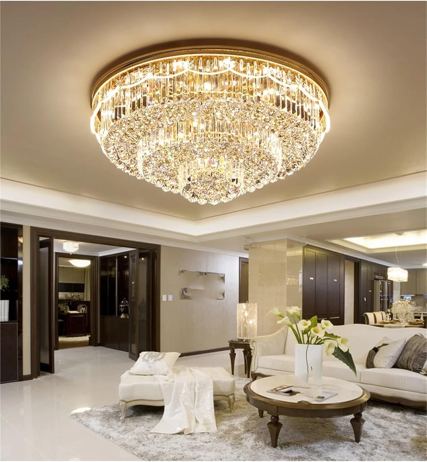 Rectangular Round K9 Crystal Silver Gold Dimmable LED Ceiling Chandelier Lamp Ceiling Lamp for Living Room,Dining Light Fixtures