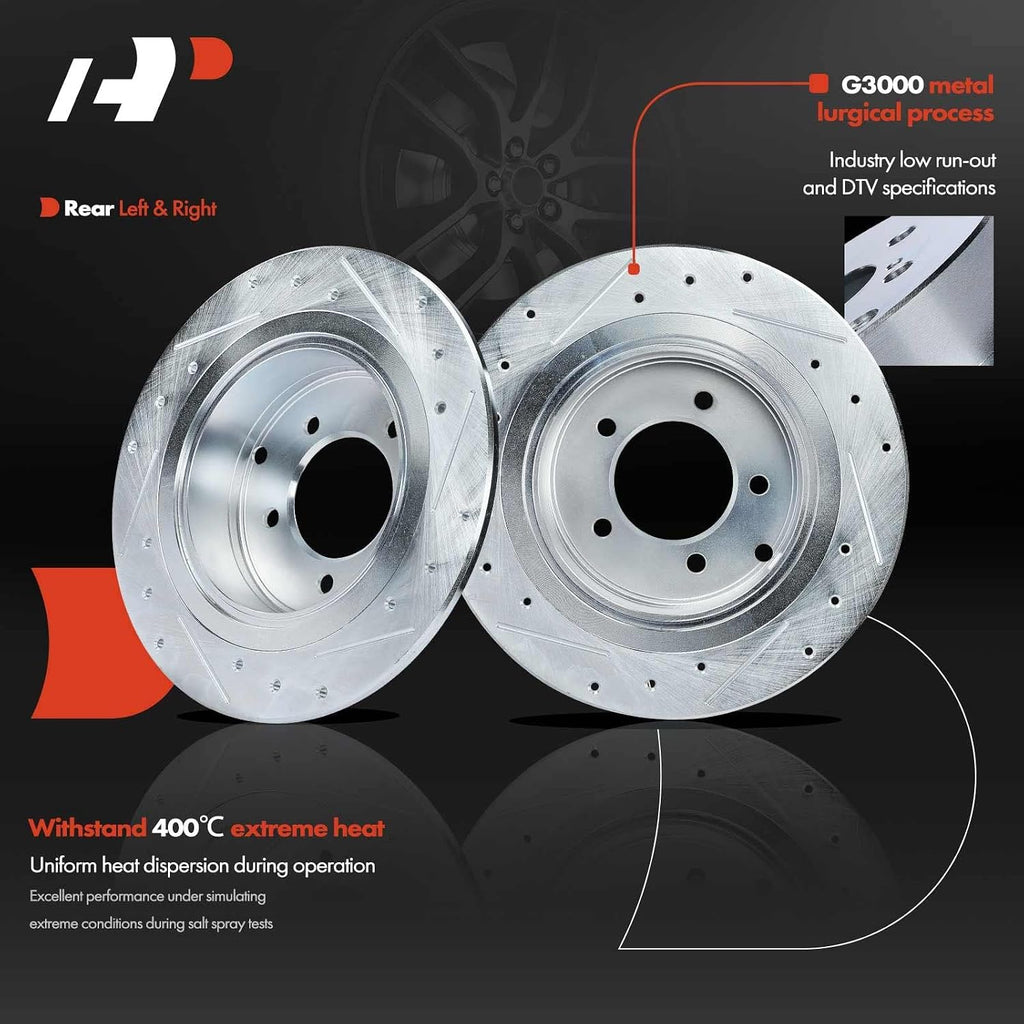 A-Premium 11.89 in (302mm) Rear Drilled and Slotted Disc Brake Rotors + Ceramic Pads Kit Compatible with Select Jeep, Chrysler, Dodge & Mitsubishi Models - Compass, Patriot, 200, Avenger, Sebring, RVR