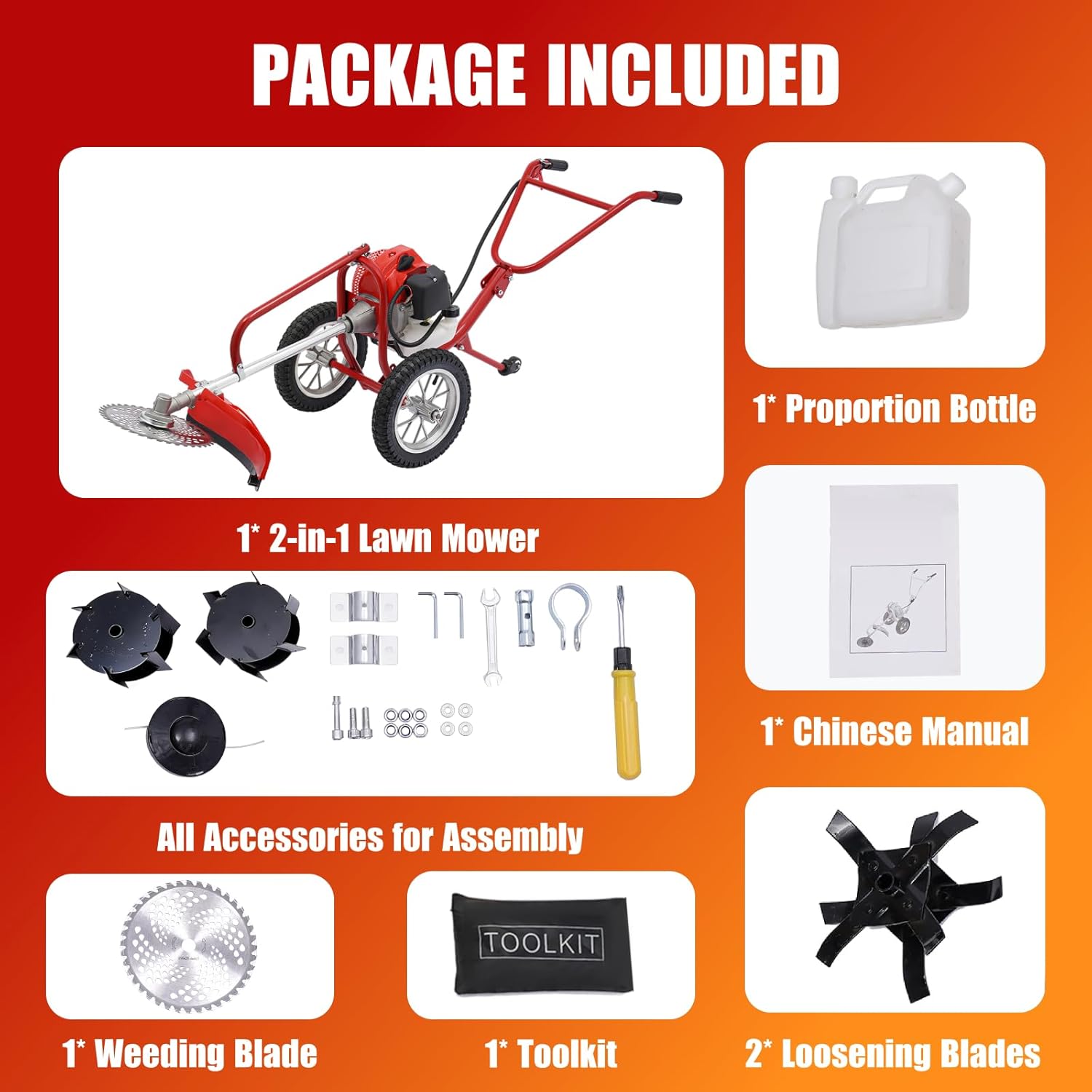 Walk Behind String Trimmer, 1.8KW Hand-Pull 2 Stroke Air-Cooled Single-Cylinder Lawn Mower Gas Powered 49CC 57.1X17.2X27.6 Inch Walk Behind Weed Trimmer for Lawn Garden