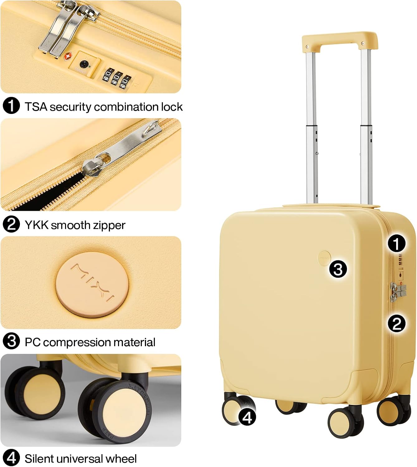 mixi 14 Inch Underseat Luggage Carry on Suitcase Free Boarding Personal Item Suitcases with Spinner Wheels Hardshell Lightweight PC for Short Travel, Lark Yellow