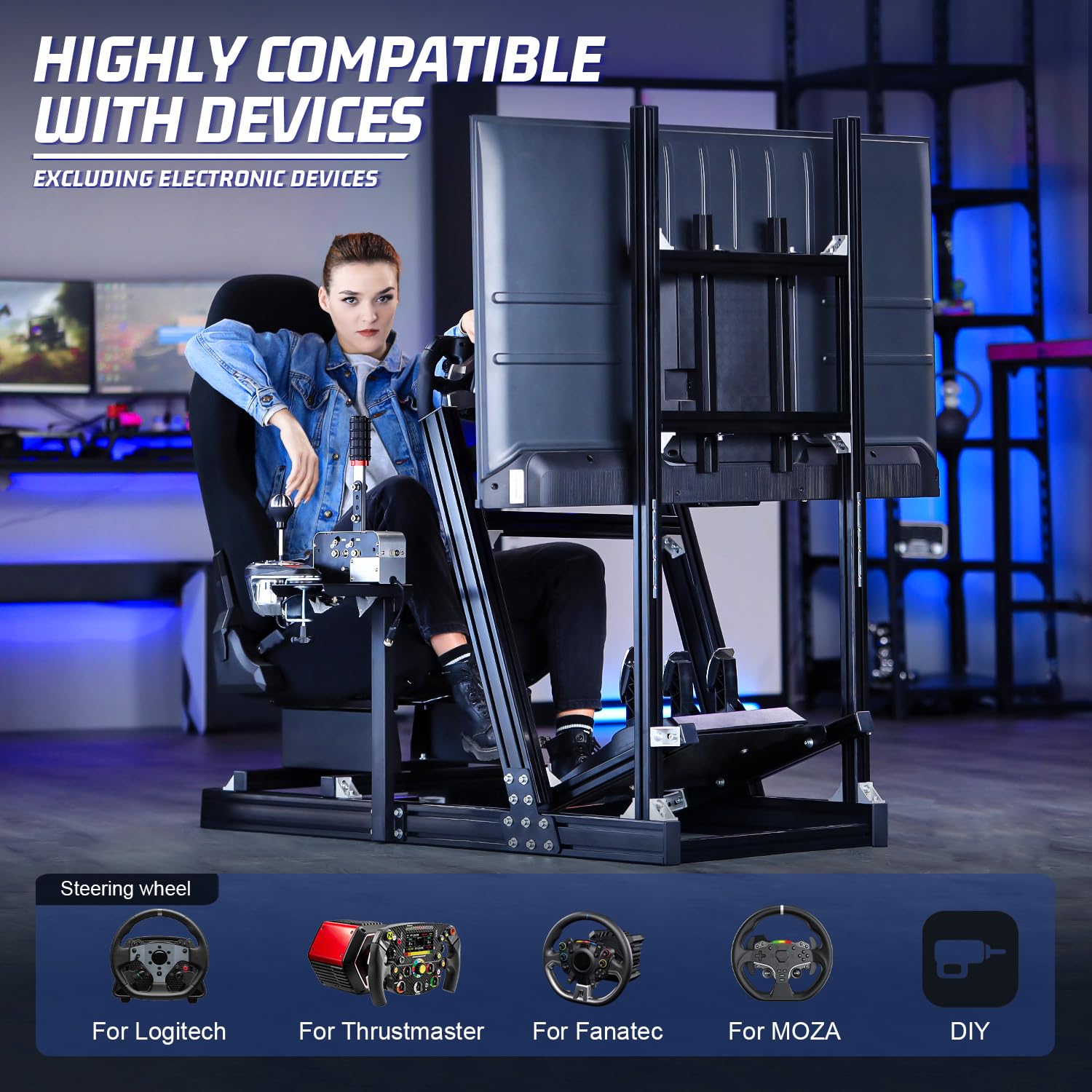 Marada Aluminum Profile Racing Simulator Cockpit With Monitor Stand, Fit For Fanatec, for Thrustmaster T818, for Logitech G923 GPro, Stable Driving Cockpit With Black Seat,Not Included Wheel and Pedal