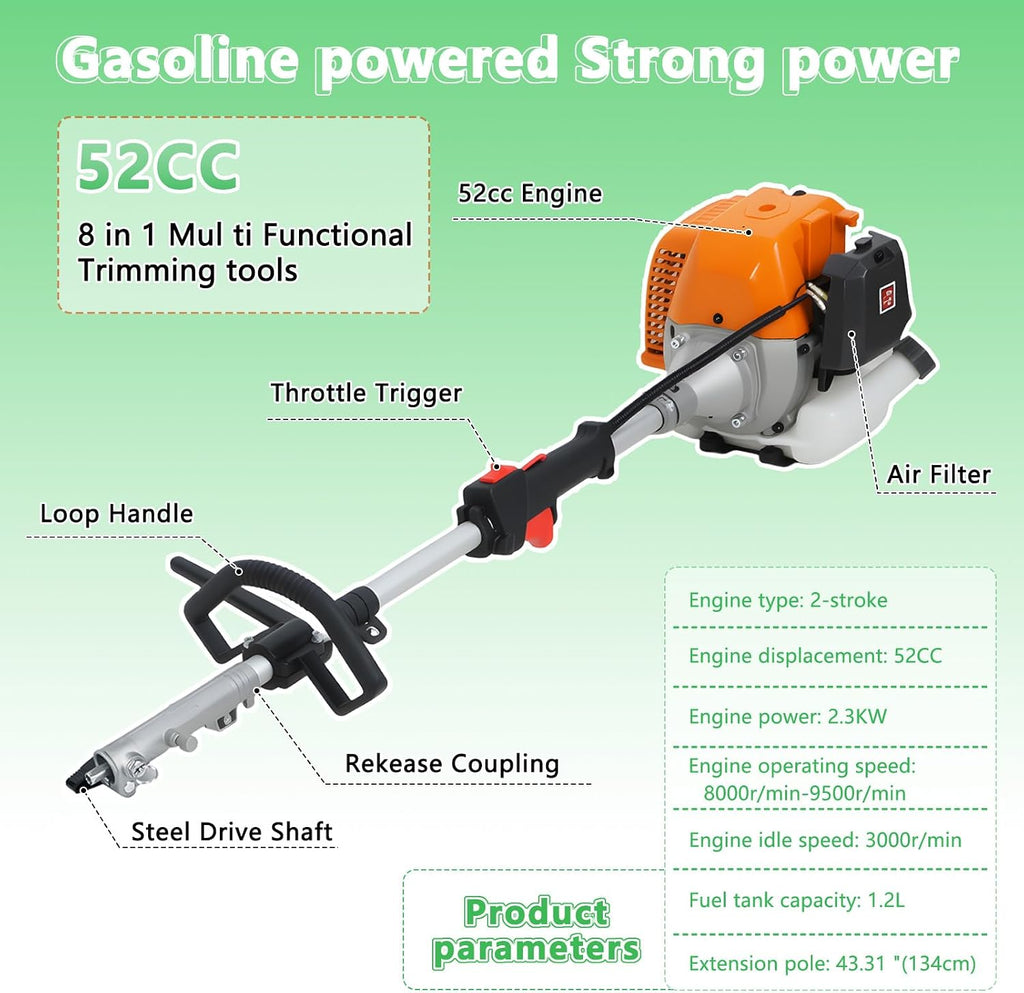 52CC 8-in-1 Gas Weed Eater 2.3KW 2-Stroke Brush Cutter, Multi-Functional Garden Trimmer Kit with Hedge Trimmer, Pole Saw, Pruner, Metal Blade, Auxiliary Wheel, 1.2L Fuel Tank for Lawn, Shrubs, Fences