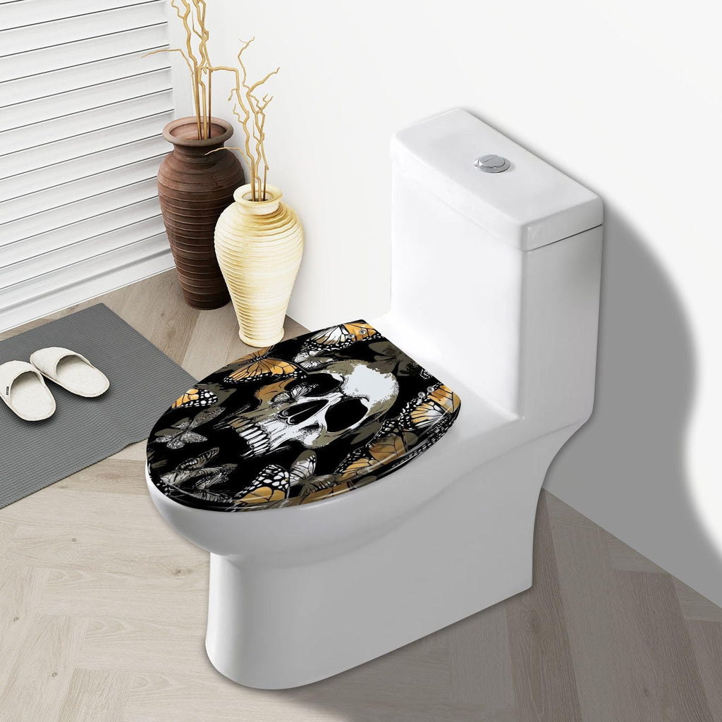 Elongated Toilet Seat Seamless pattern Gold silver Human skulls exotic Butterflies Textile Resin Toilet Seat Slow Quiet Close with Quick-Release Hinges Toilet Seat with Cover Easy to Clean Install