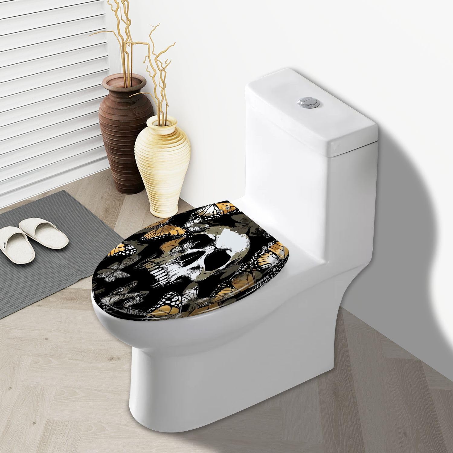 Elongated Toilet Seat Seamless pattern Gold silver Human skulls exotic Butterflies Textile Resin Toilet Seat Slow Quiet Close with Quick-Release Hinges Toilet Seat with Cover Easy to Clean Install
