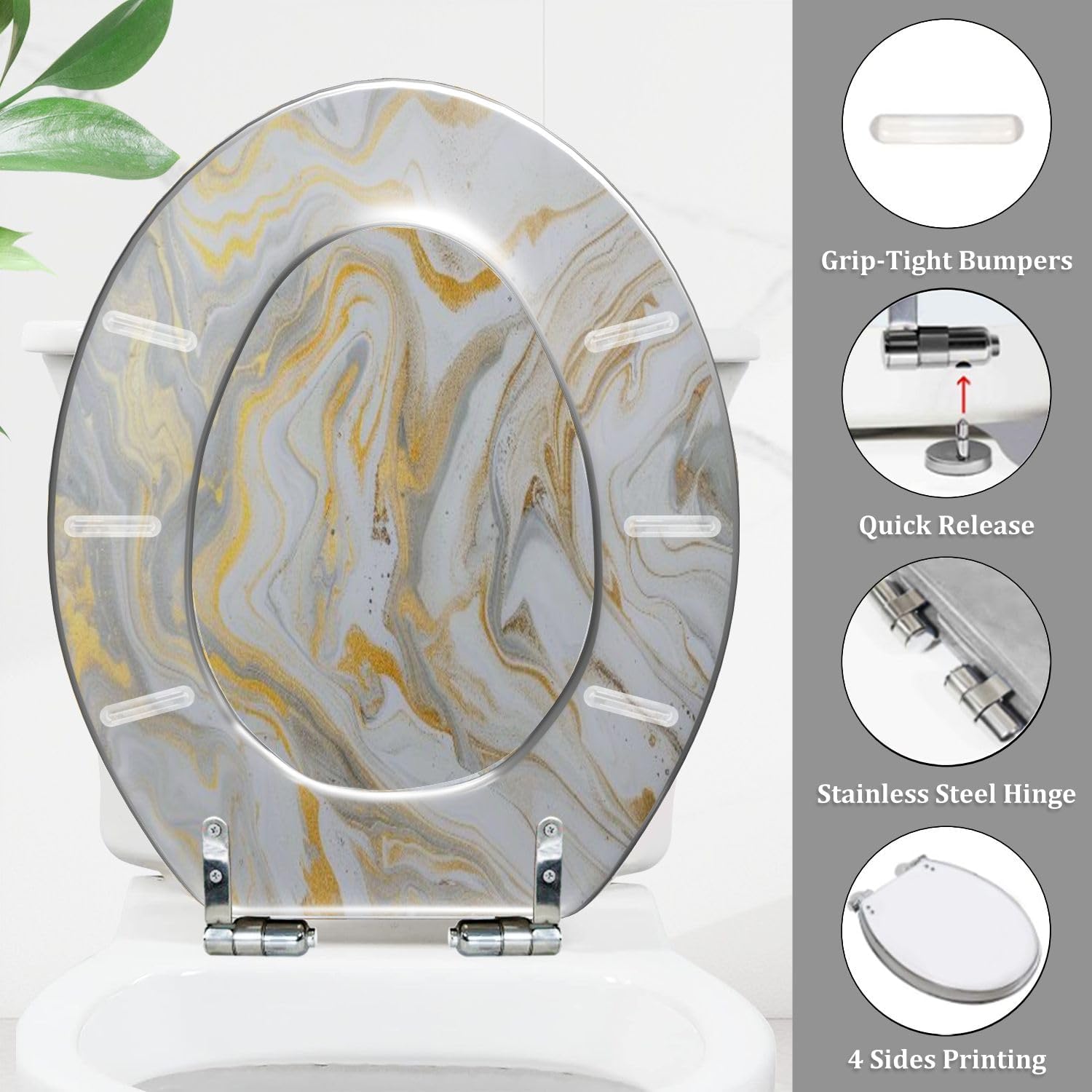 Elongated Toilet Seat marble ink paper texture white silver gold Resin Toilet Seat Quietly Close Quick Release Hinges Decorative Toilet Seat with Cover Easy to Install, Style 2