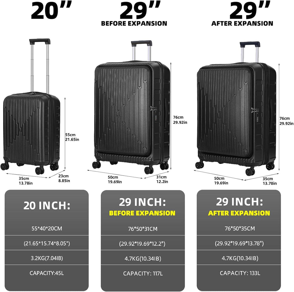 Kaleenie 2 Pieces 20/29 Luggage Sets, 20 Inch Cabin Luggage with Front Pocket & 29 Inch Side Opening Suitcase, Ligthweight ABS+PC Hardshell, TSA Lock with HINOMOTO 360° Wheels, Black