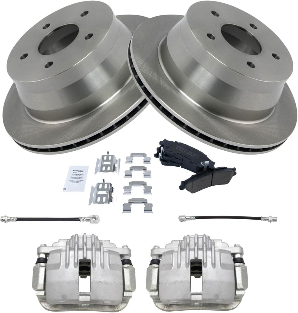 TRQ Rear Brake Pad and Rotor Set Ceramic Rotors Calipers Hoses Compatible with 1998-2003 Chevrolet S10 GMC Sonoma