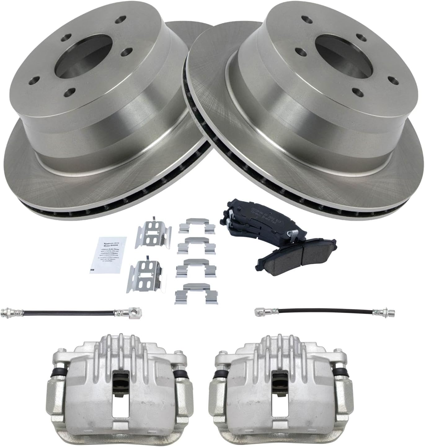 TRQ Rear Brake Pad and Rotor Set Ceramic Rotors Calipers Hoses Compatible with 1998-2003 Chevrolet S10 GMC Sonoma