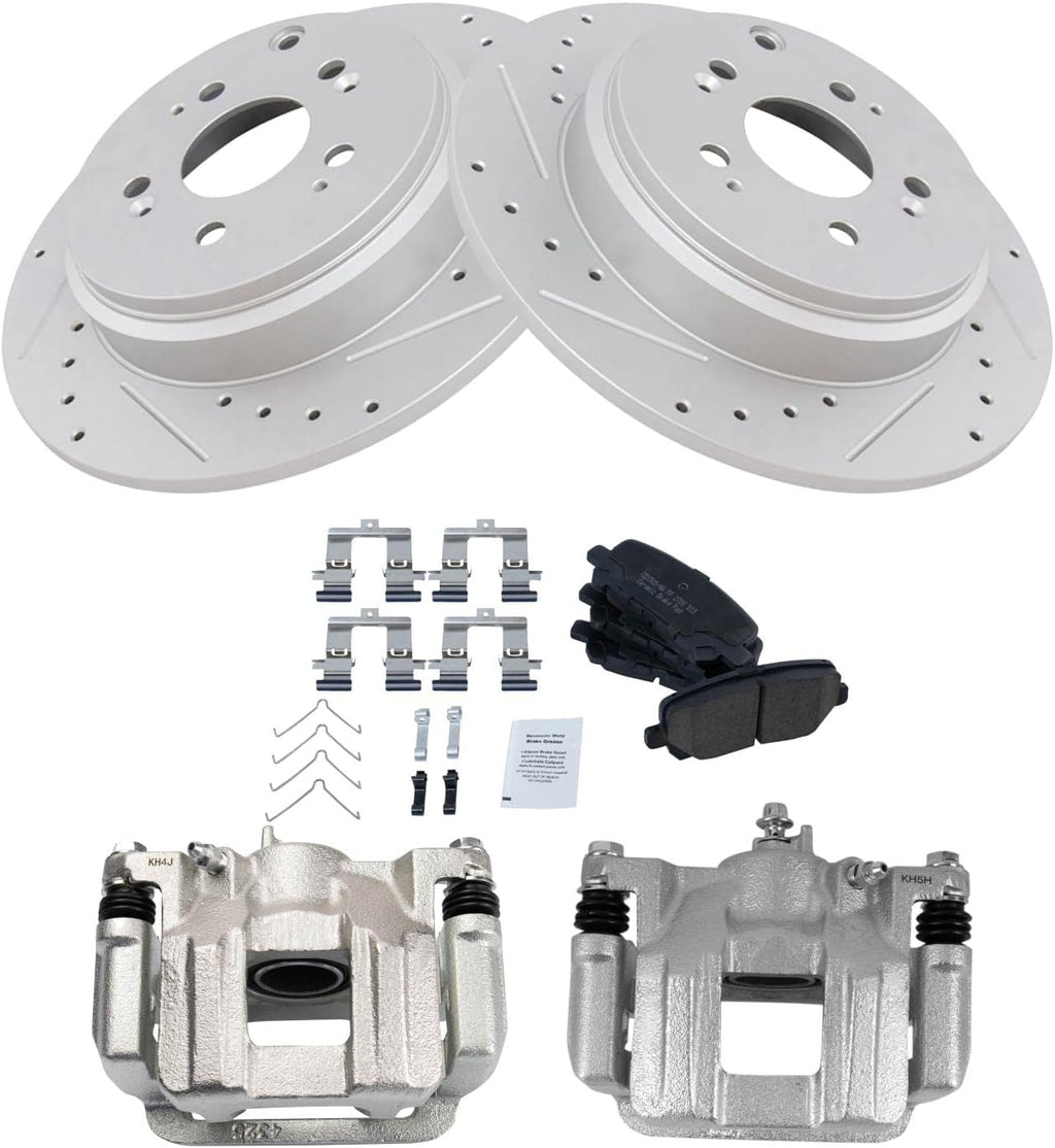 TRQ Performance Rear Brake Pad and Rotor Set Ceramic Solid G Coated Rotors Calipers Compatible with 2011-2017 Honda Odyssey