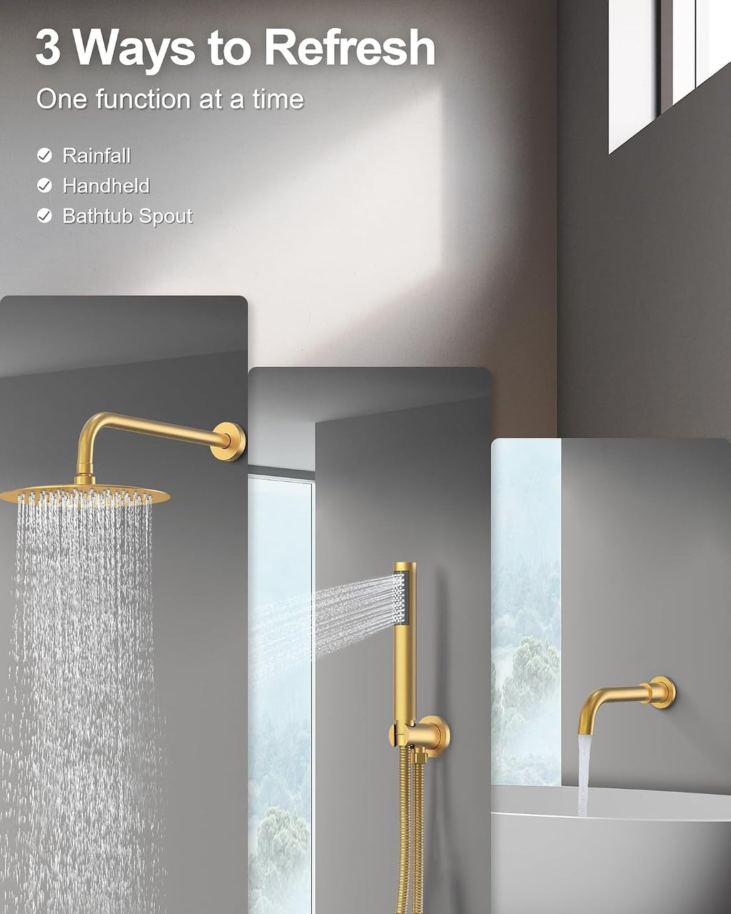 10 Inch Round Shower Faucet Set with Tub Spout, High Pressure Rainfall Shower Head and Handheld Sprayer Combo, Brushed Gold
