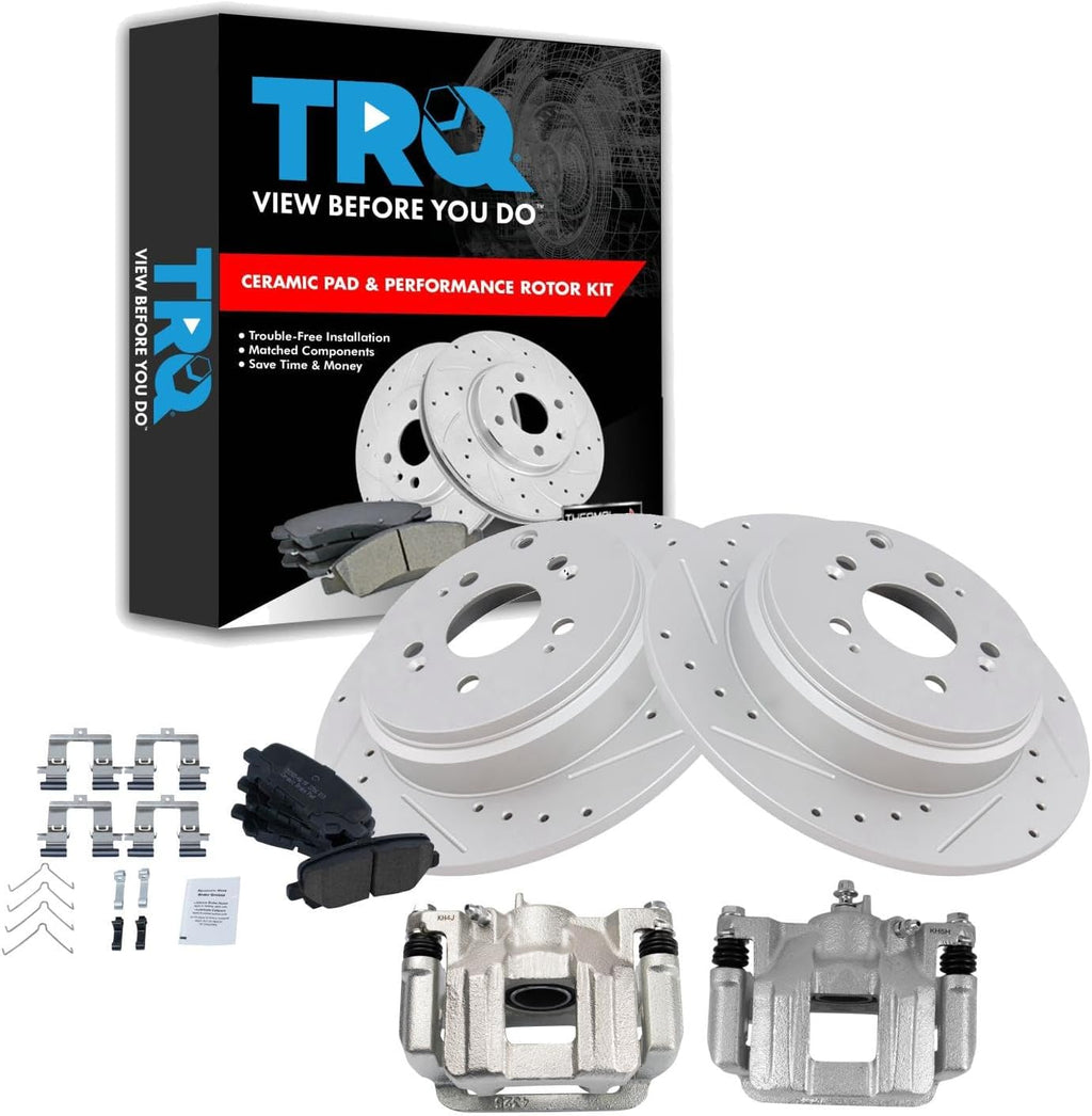 TRQ Performance Rear Brake Pad and Rotor Set Ceramic Solid G Coated Rotors Calipers Compatible with 2011-2017 Honda Odyssey