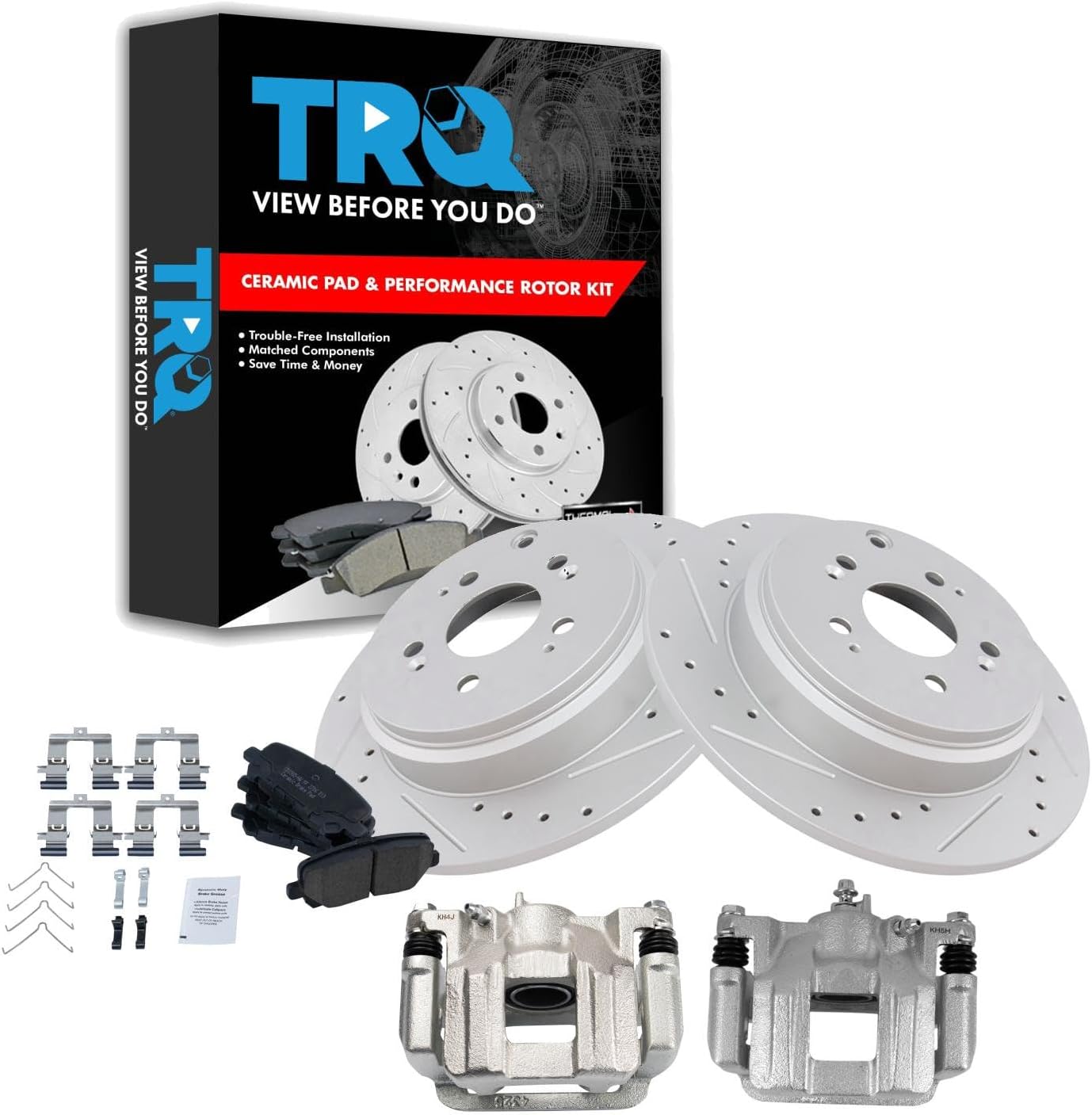 TRQ Performance Rear Brake Pad and Rotor Set Ceramic Solid G Coated Rotors Calipers Compatible with 2011-2017 Honda Odyssey