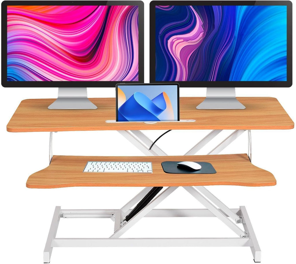 38-inch Standing Desk Converter Height Adjustable Sit to Stand Up Workstation, Duals Monitor and Laptop Riser with Wide Keyboard Tray, for Home, School, Company, Black