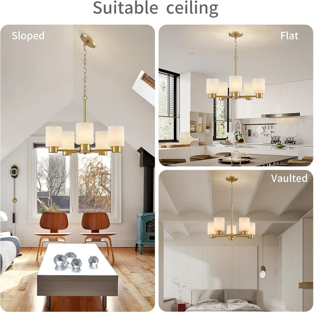 WUZUPS 5-Light Pendant Chandelier Light Frosted White Glass Shade with Grain Ceiling Lighting Elegant Modern Fixture Bathroom Kitchen Dining Room Entry Foyer, H 15.8' W21, E12 Base, Gold