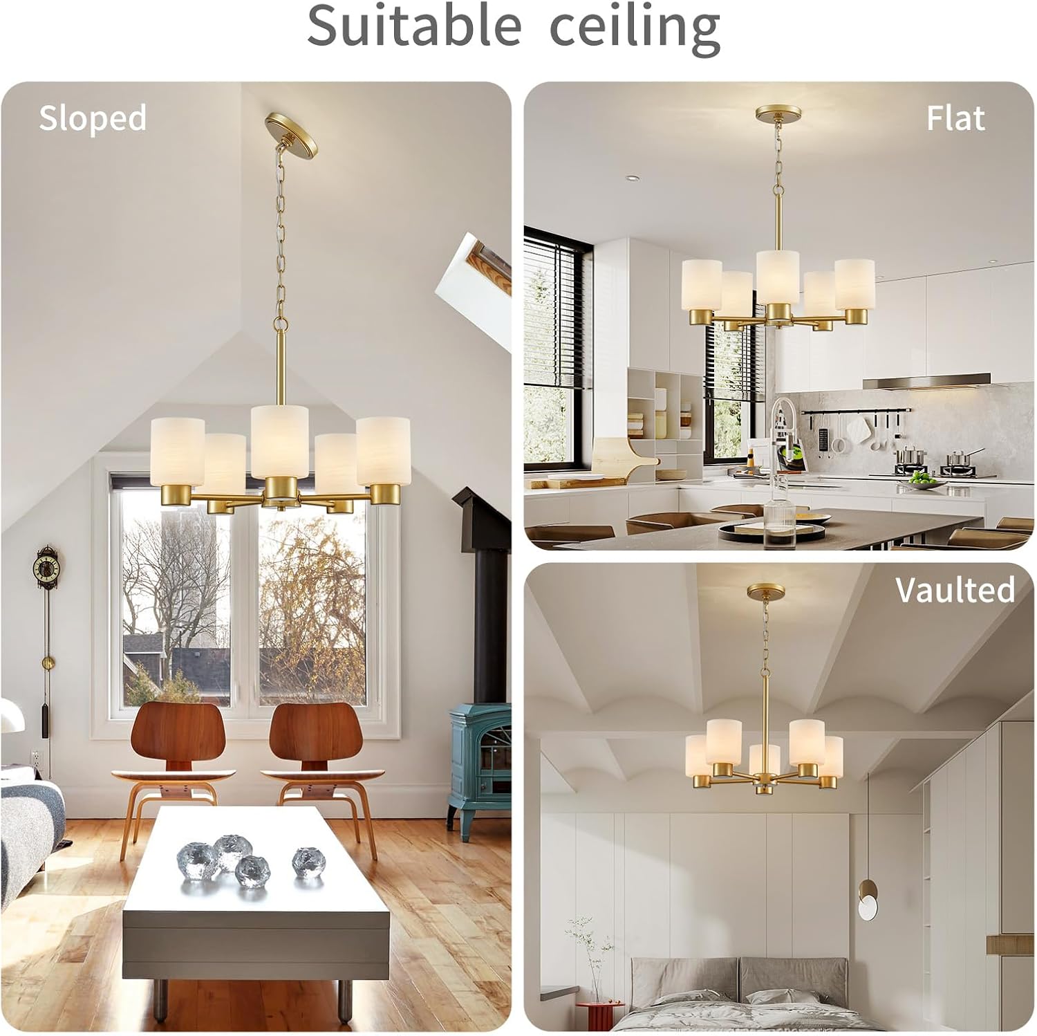 WUZUPS 5-Light Pendant Chandelier Light Frosted White Glass Shade with Grain Ceiling Lighting Elegant Modern Fixture Bathroom Kitchen Dining Room Entry Foyer, H 15.8' W21, E12 Base, Gold