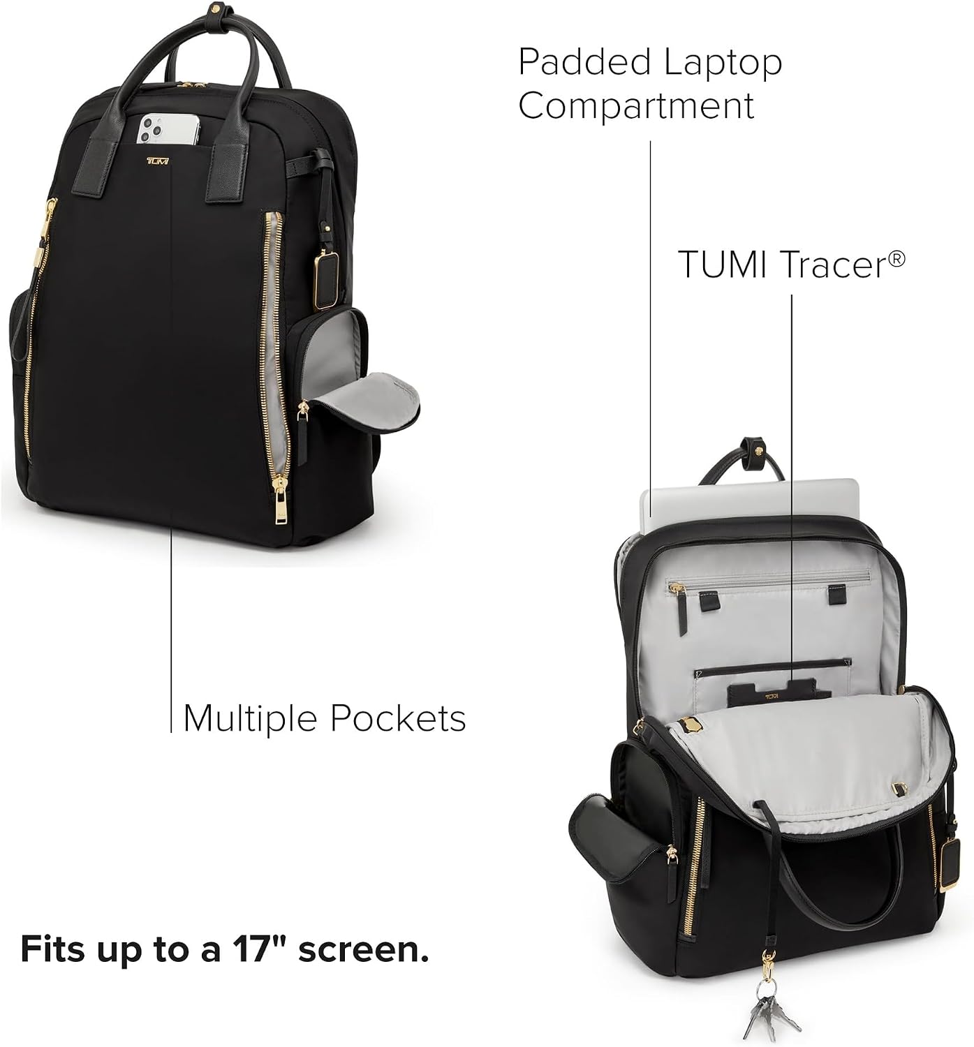 TUMI - Voyageur Atlanta Backpack - Travel Backpack for Women - For Business, Commute - Holds Up to 17' Laptop - Black - Gold Hardware