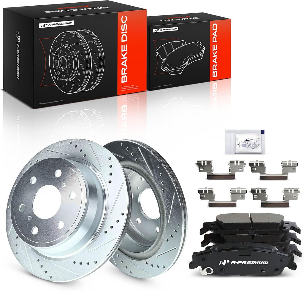 A-Premium 13.58 inch (345mm) Rear Disc Brake Rotors + Ceramic Pads Kit Compatible with Select Cadillac, Chevy and GMC Models - Silverado Sierra 1500 2014-2019, Escalade, Suburban, Tahoe, Yukon 15-20