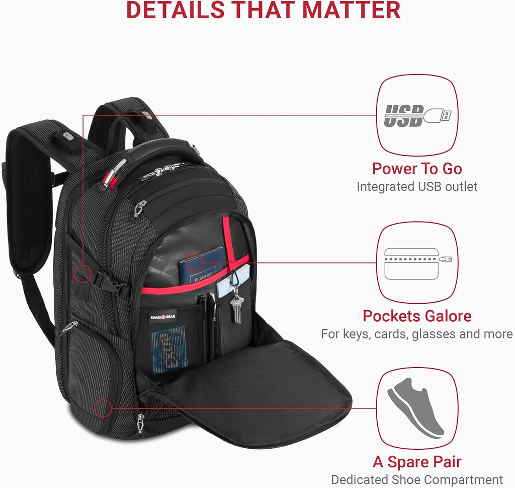 SwissGear Travel Tech Elite Laptop Backpack – Fits Laptops up to 16' – ScanSmart TSA-Friendly Backpack with USB Port, Shoe Compartment & Organizer Pockets – Black Dot