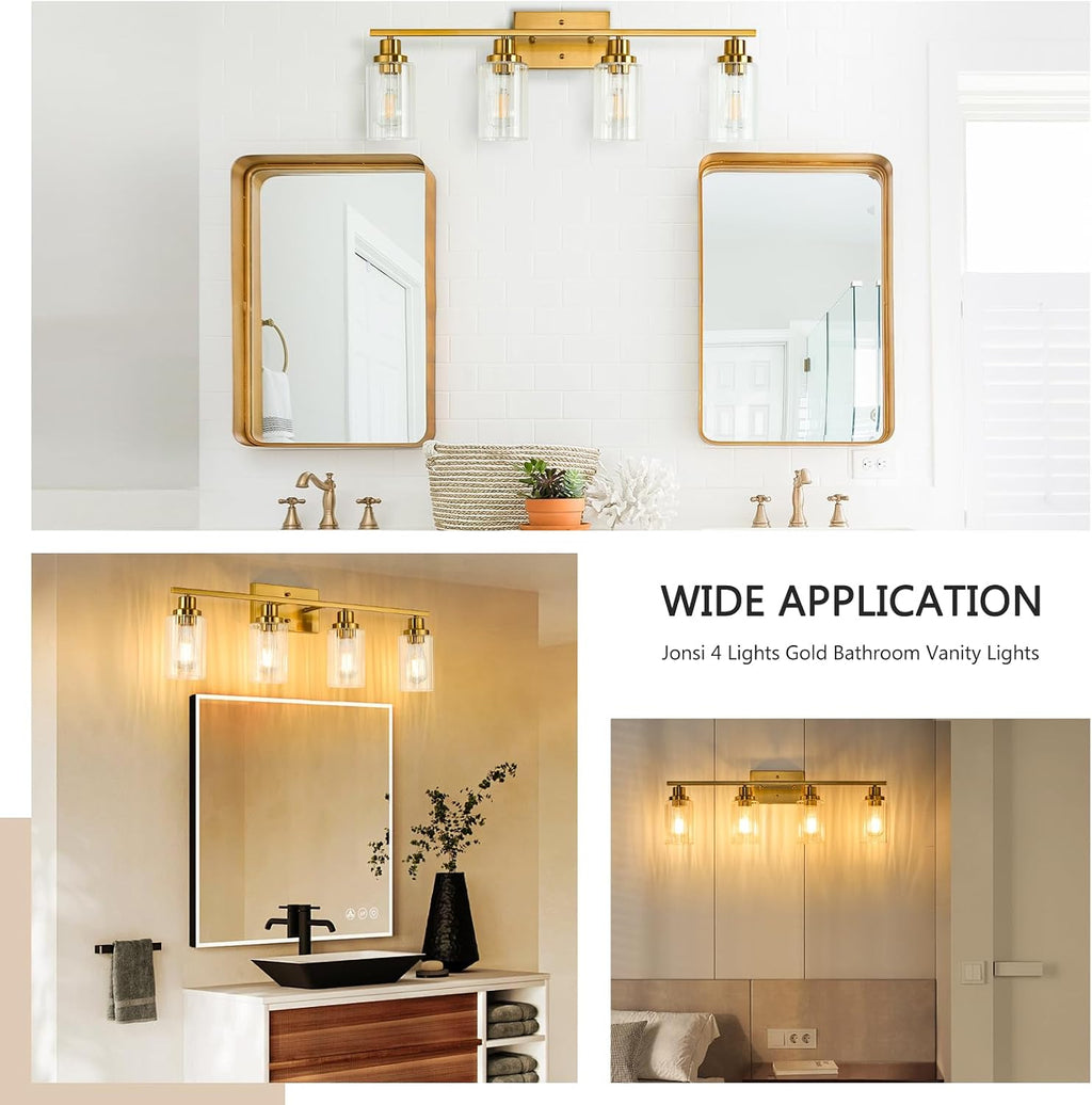 Jonsi Brushed Gold Bathroom Light Fixtures, 4-Light Brushed Gold Vanity Light, Bathroom Vanity Light with Stripe Glass Shade, E26 Wall Sconces Over Mirror for Bathroom, Living Room, Hallway