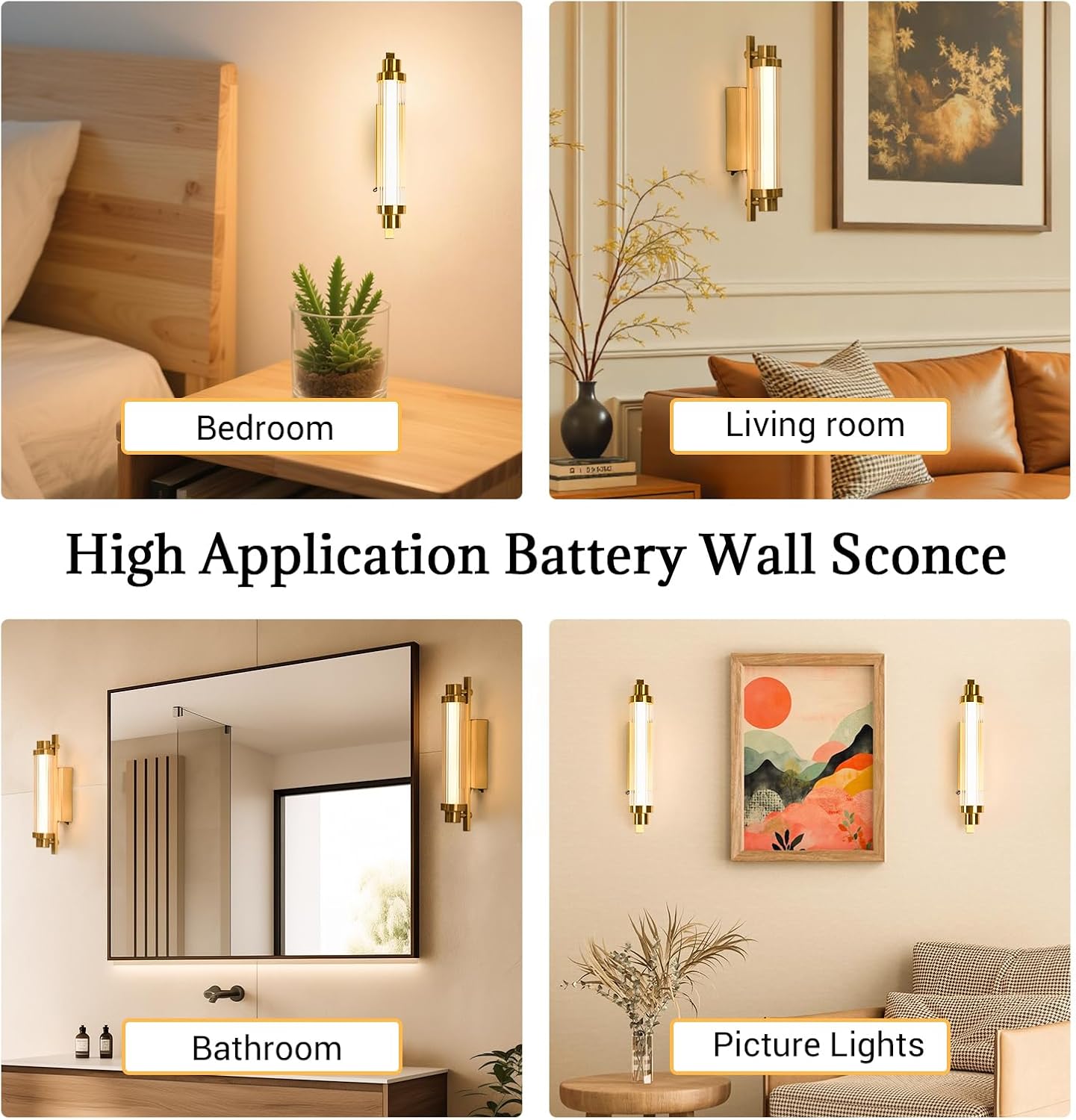 Battery Operated Wall Sconce Set of Two,12000 mAh Rechargeable Wall Sconce with Remote Battery Powered Wall Light LED Crystal Glass Gold Wall sconces for Bathroom, Living Room, Hallway, Mirror