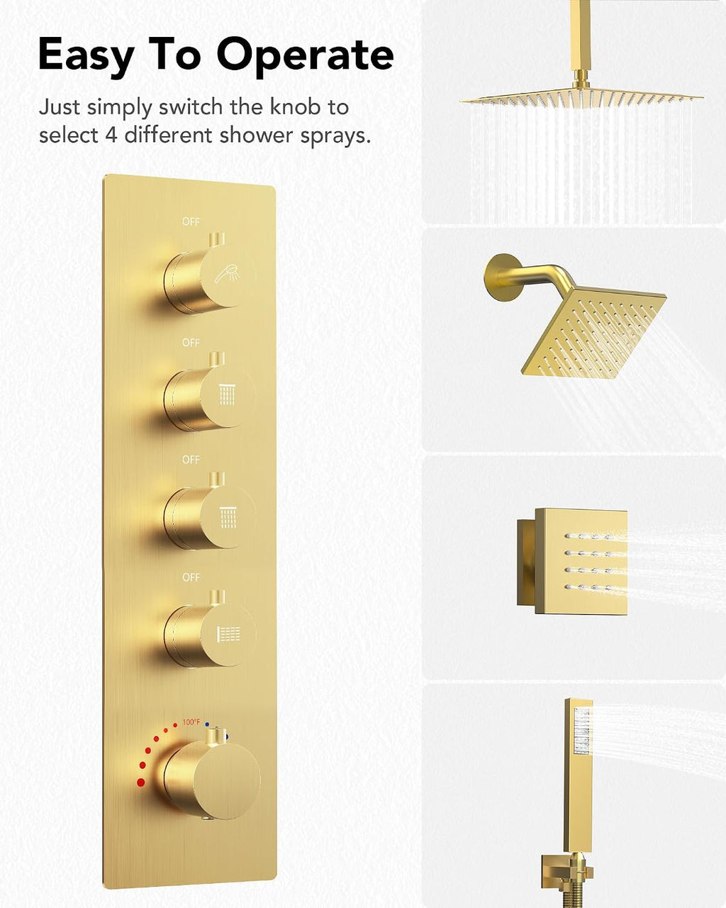 Dual Shower Heads Shower System: Aposhion Thermostatic Shower System - 16' & 6' Rainfall Shower Heads with Handheld Sprayer & 6 Body Massage Jets, Bathroom Shower Faucet Set with Valve, Brushed Gold