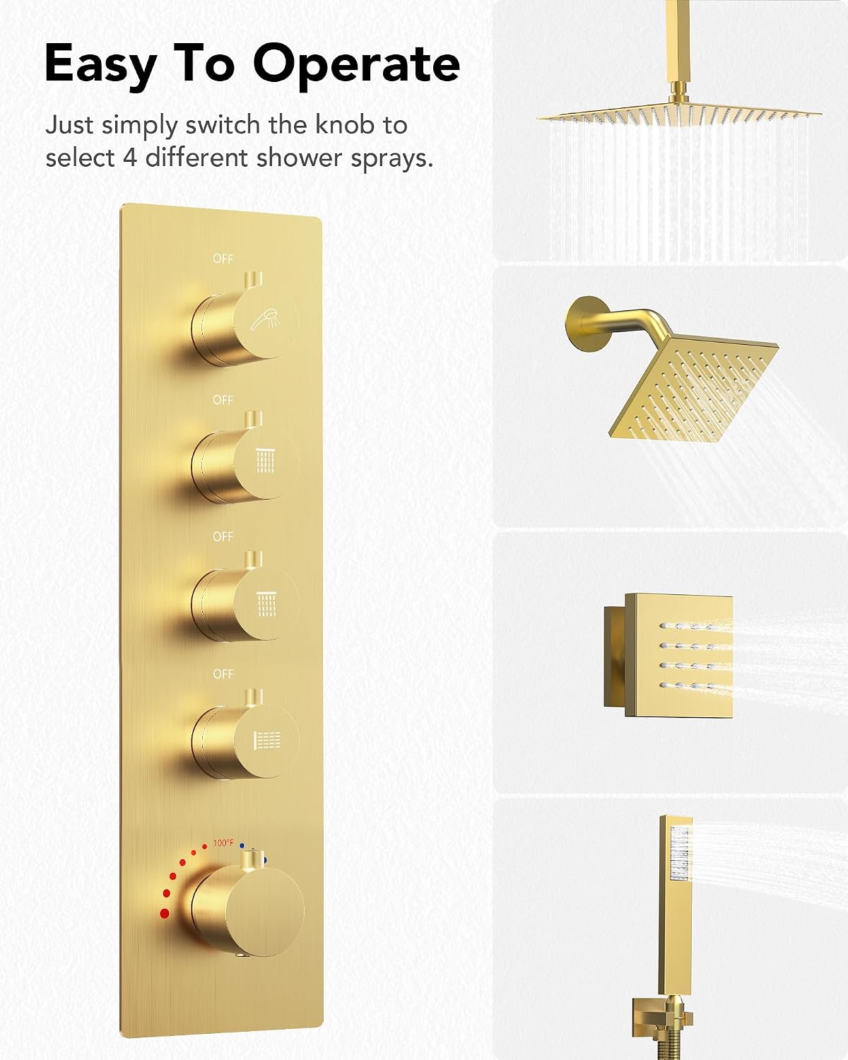 Dual Shower Heads Shower System: Aposhion Thermostatic Shower System - 16' & 6' Rainfall Shower Heads with Handheld Sprayer & 6 Body Massage Jets, Bathroom Shower Faucet Set with Valve, Brushed Gold