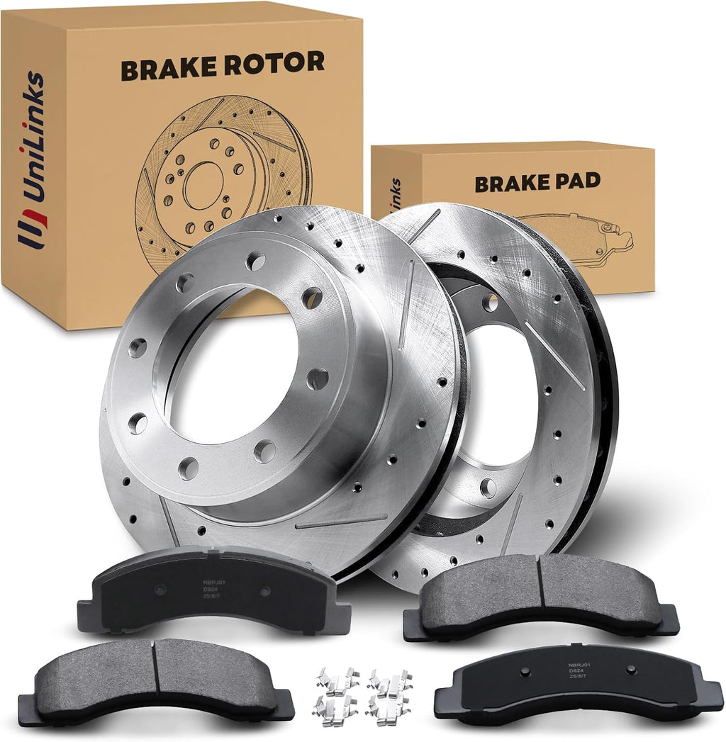 Front Drilled and Slotted Disc Brake Rotors & Ceramic Brake Pads Kit Fit for Ford 2000-2005 Excursion, 1999-2004 F-250, 1999-2004 F-350 4WD #54078 D824