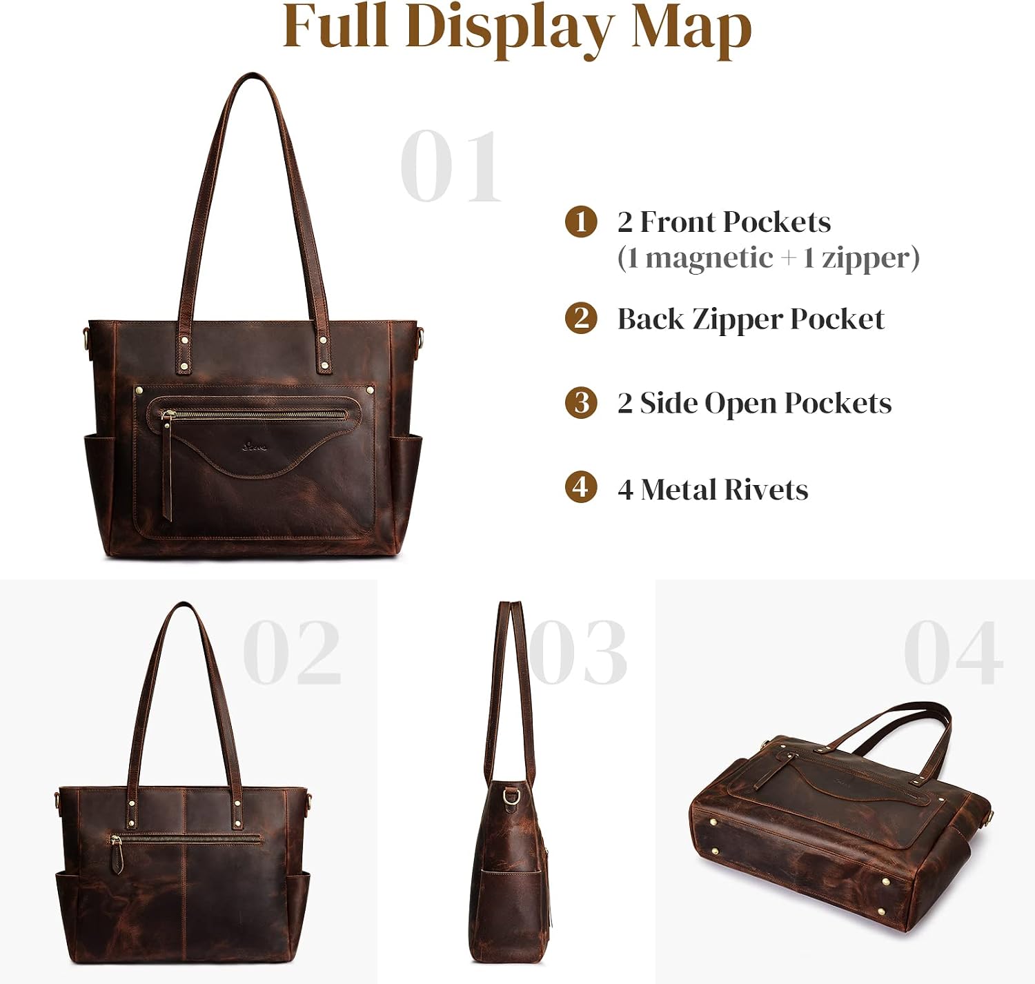 S-ZONE Women Genuine Leather Tote Bag Large Shoulder Purse Vintage Crossbody Work Handbag